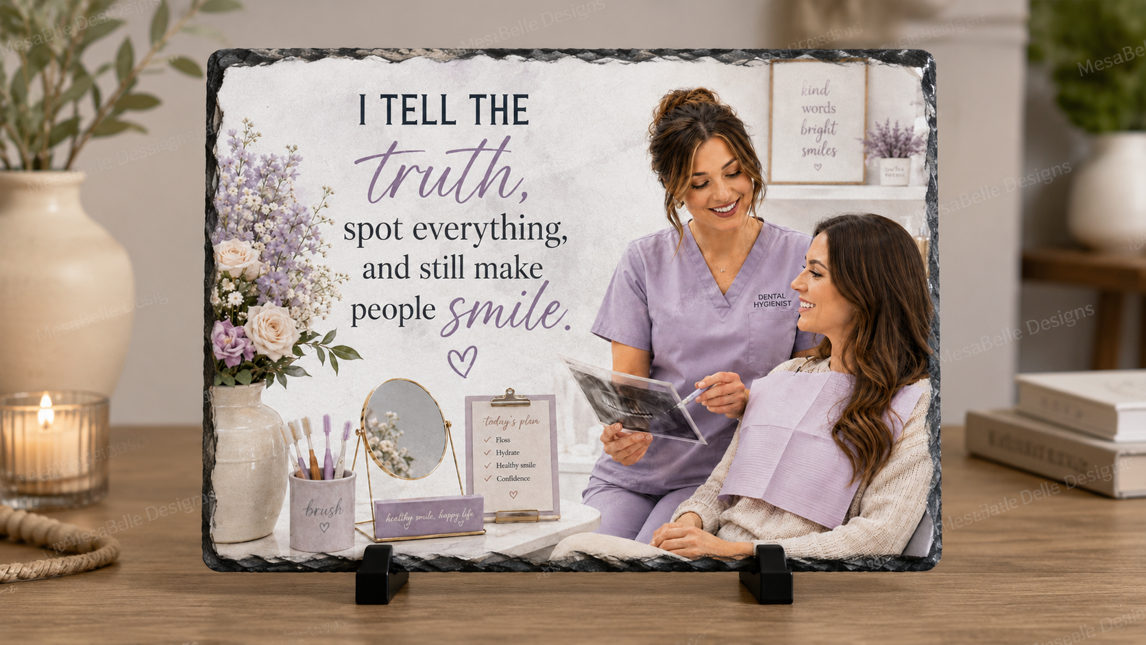 I Tell the Truth, Spot Everything, and Still Make People Smile — 5.9 x 7.9 Inch Slate with Display Holder