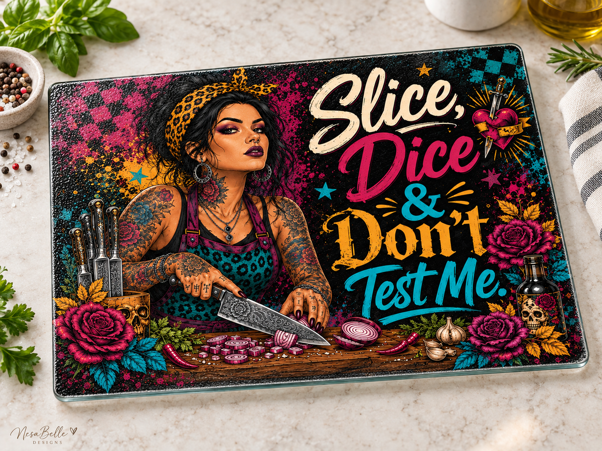 Slice, Dice, Don't Test Me - 11"x7.87" Glass Cutting Board