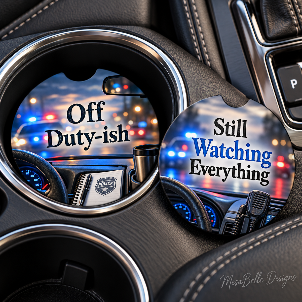 Cop Car Energy. Personal Vehicle. & Yes, I Noticed That Too. — Car Coaster Set of 2