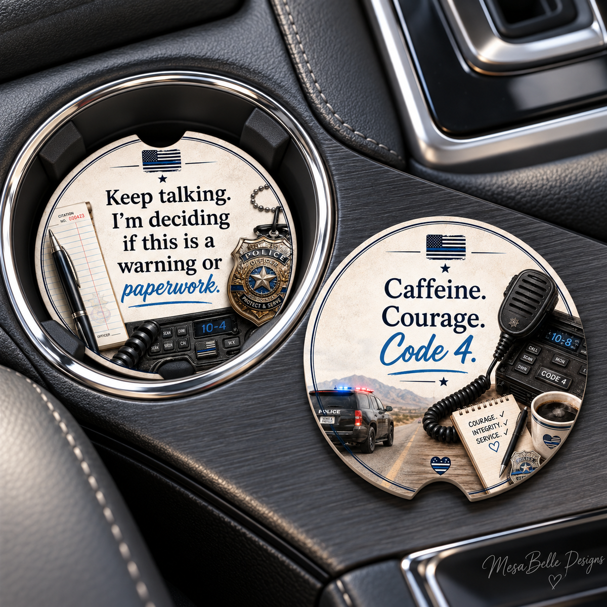 Keep Talking & Caffeine. Courage. Code 4. — Car Coaster Set of 2