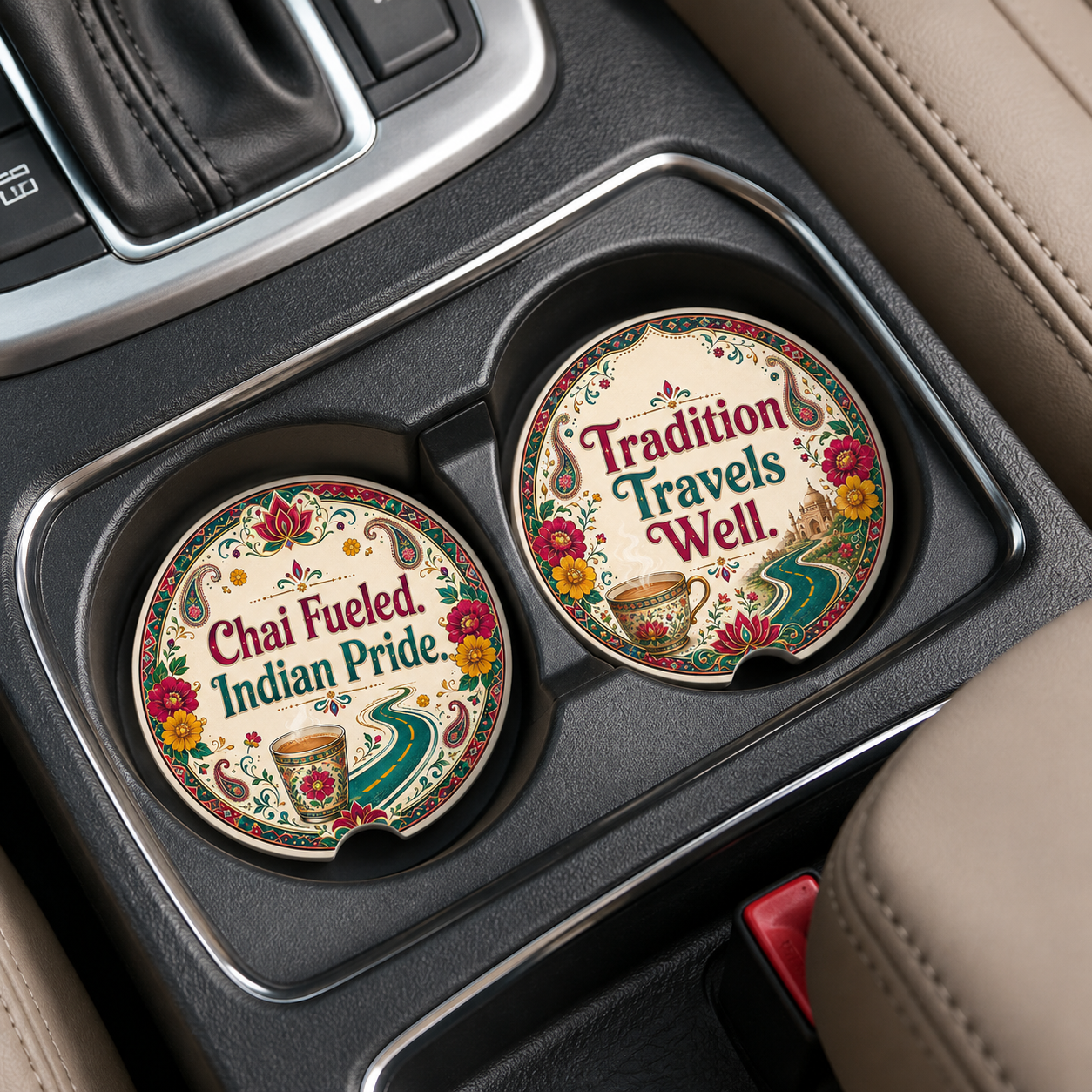 Chai Fueled. Indian Pride. & Tradition Travels Well. — Car Coaster Set