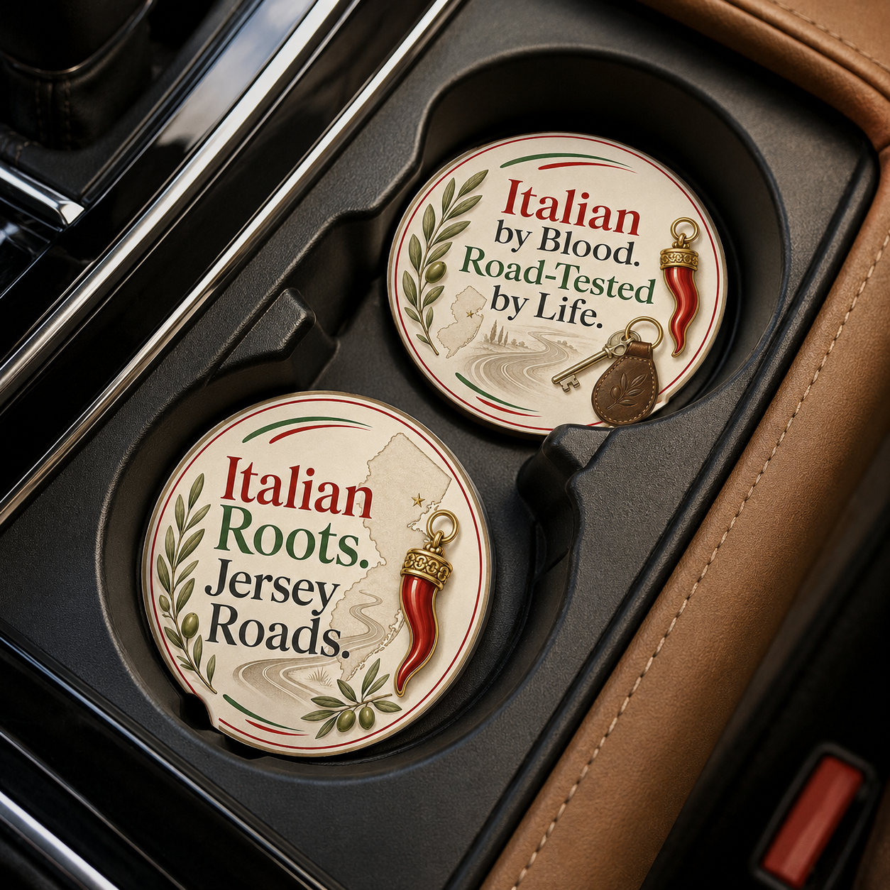 Italian Roots. Jersey Roads. & Italian by Blood. Road-Tested by Life. — Car Coaster Set
