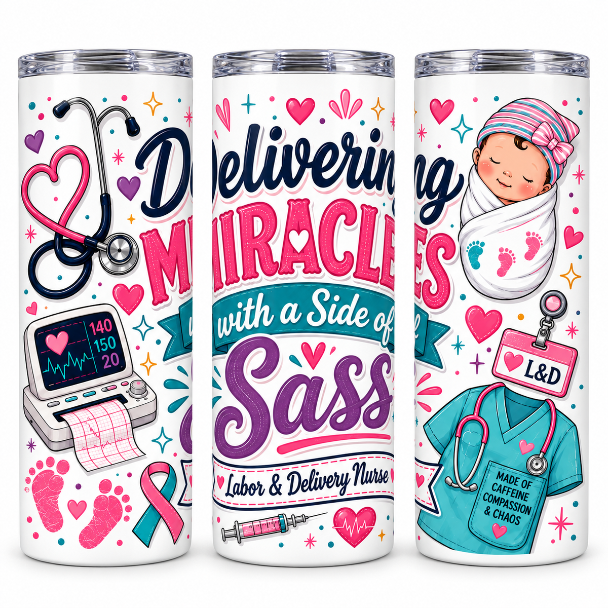 Delivering Miracles with a Side of Sass - Labor & Delivery Nurse - 20oz Skinny Tumbler