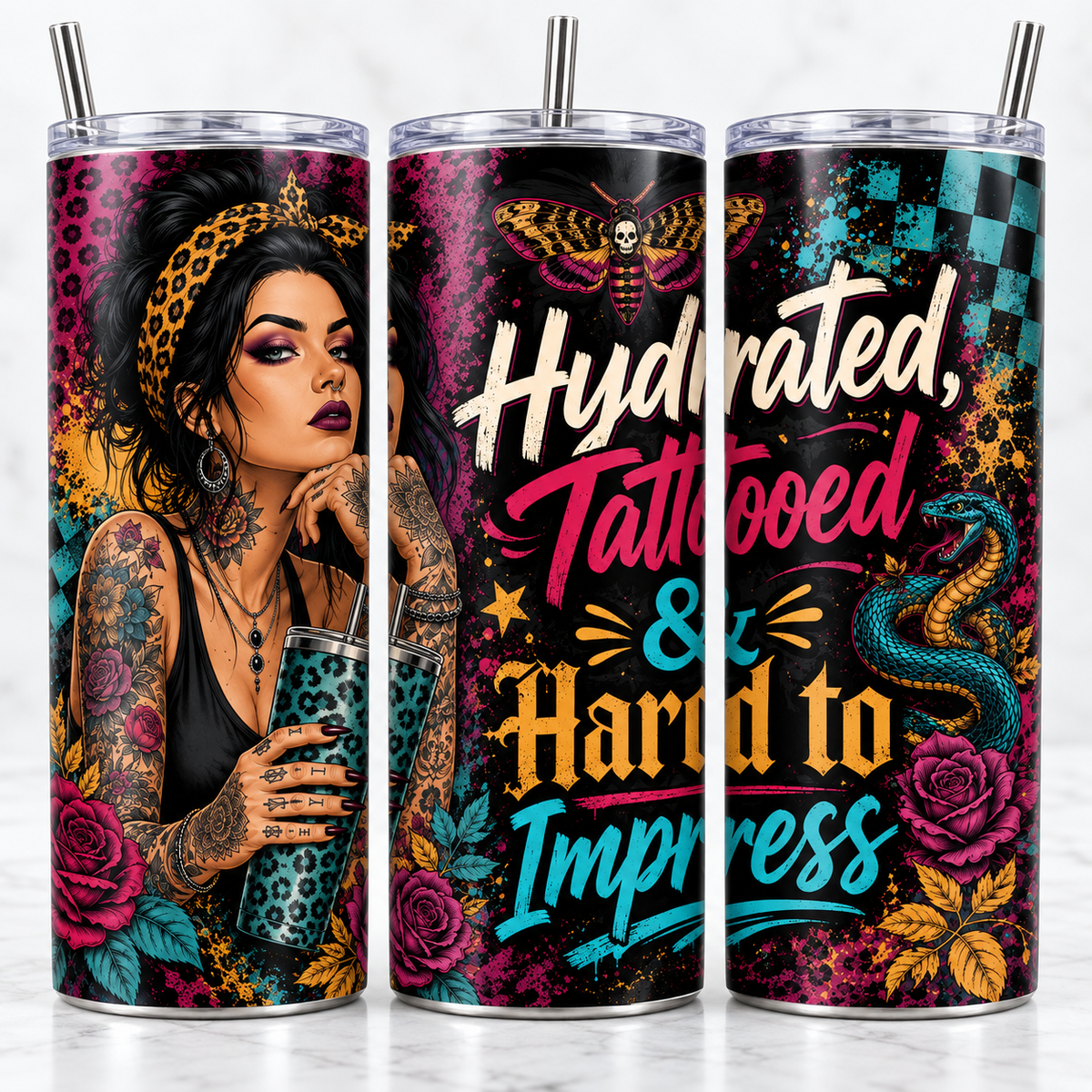 Hydrated, Tattooed & Hard to Impress - 20oz Skinny Tumbler