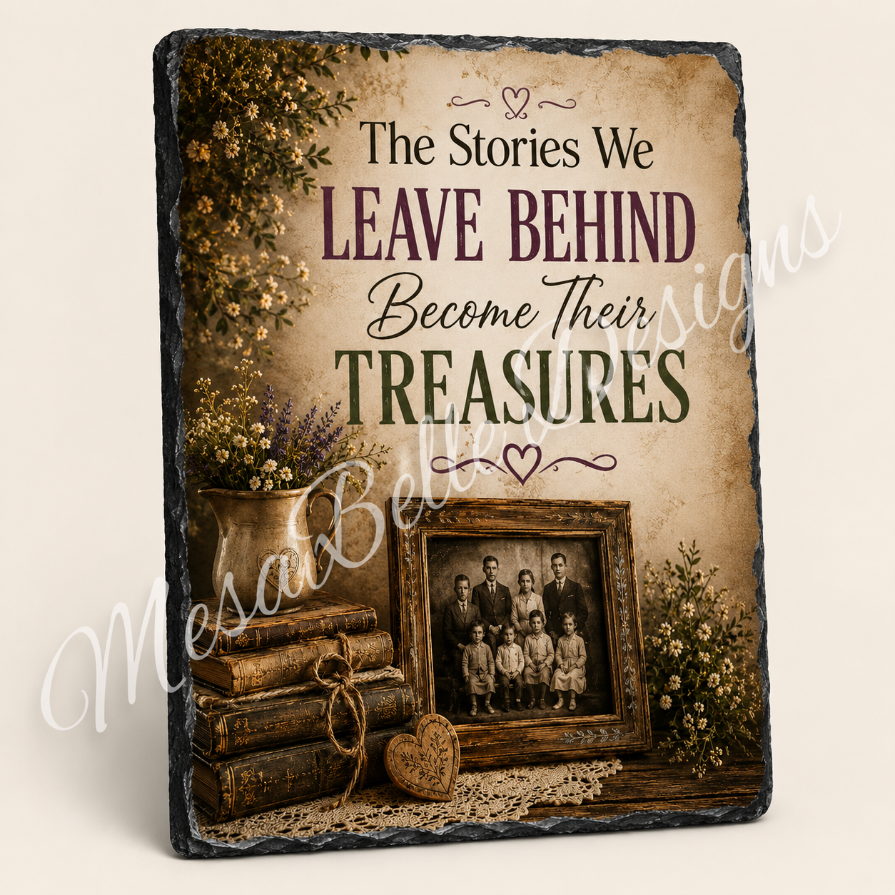 The Stories We Leave Behind Become Their Treasures — 5.9 x 7.9 Inch Slate with Display Holder