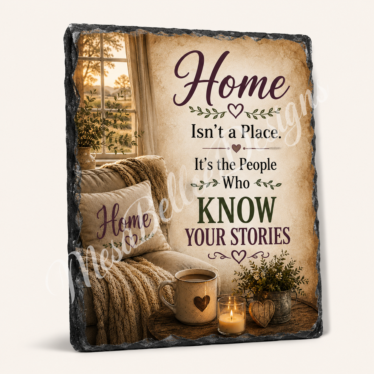 Home Isn't a Place. It's the People Who Know Your Stories. — 5.9 x 7.9 Inch Slate with Display Holder