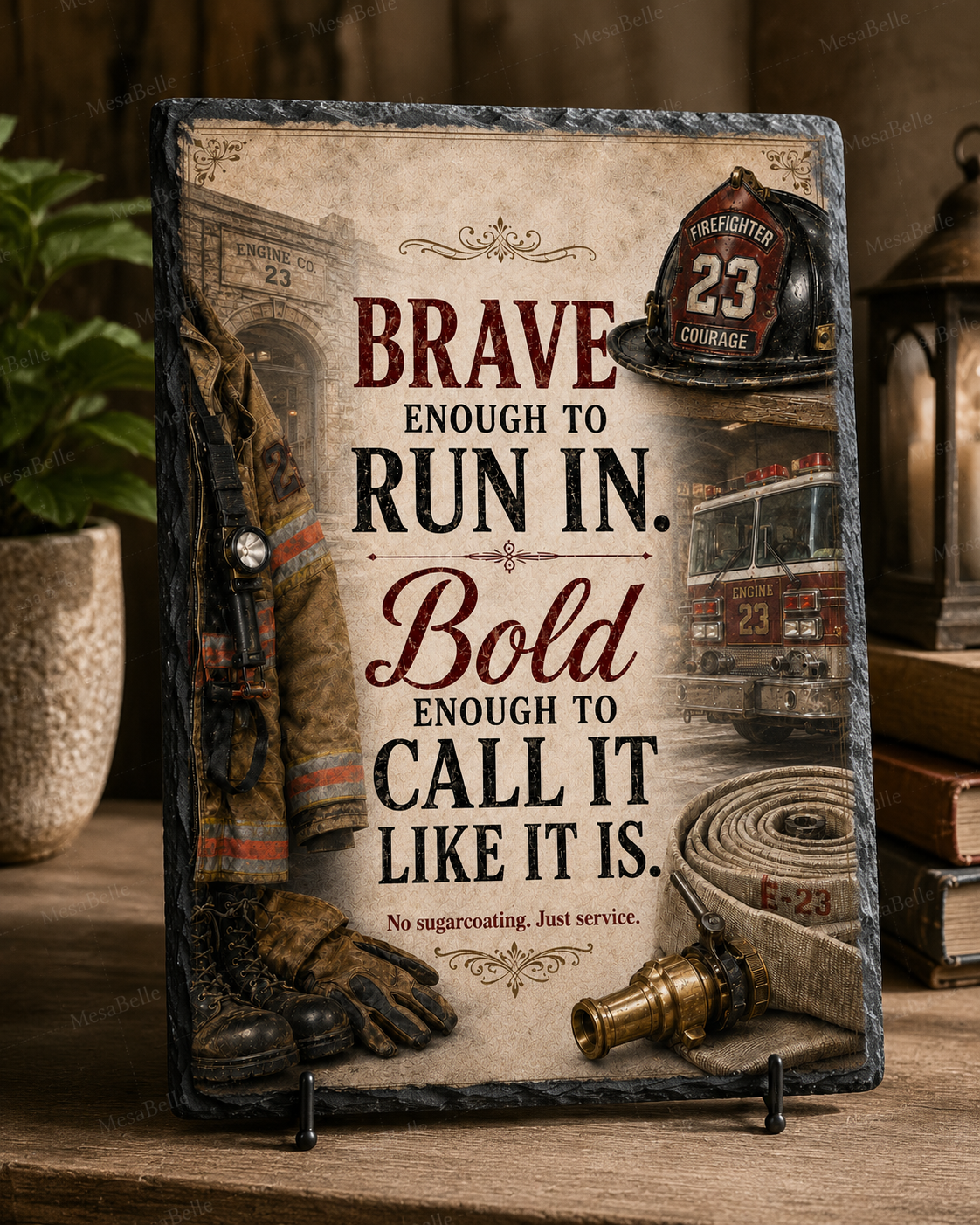 Brave Enough to Run In. Bold Enough to Call It Like It Is. — 5.9 x 7.9 Inch Slate with Display Holder