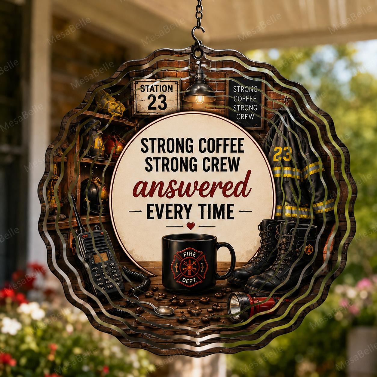 Strong Coffee. Strong Crew. Answered Every Time. — 8" Double Sided Wind Spinner