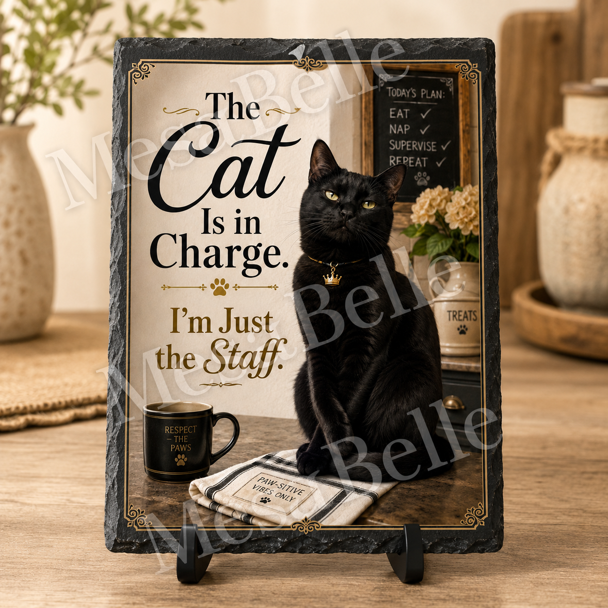 The Cat Is in Charge. I'm Just the Staff. — 5.9 x 7.9 Inch Slate with Display Holder