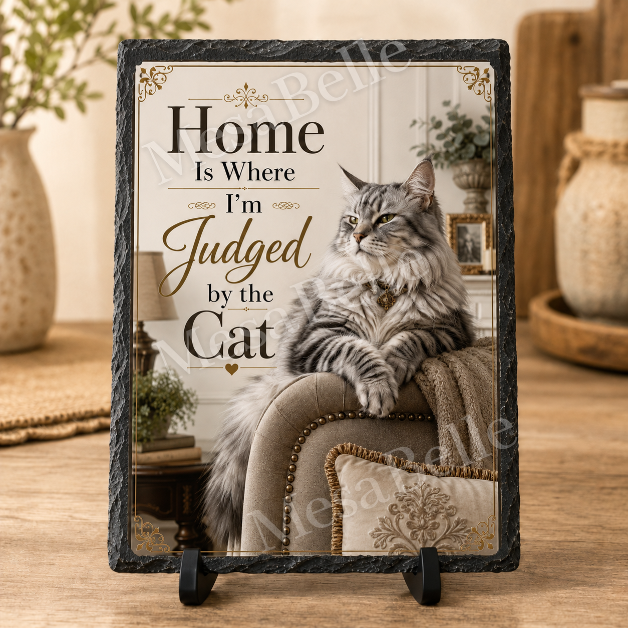 Home Is Where I'm Judged by the Cat. — 5.9 x 7.9 Inch Slate with Display Holder