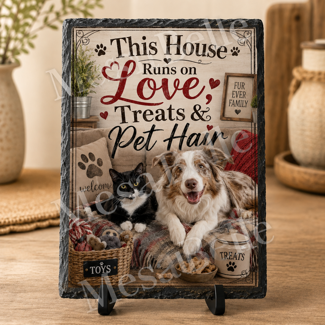 This House Runs on Love, Treats & Pet Hair. — 5.9 x 7.9 Inch Slate with Display Holder