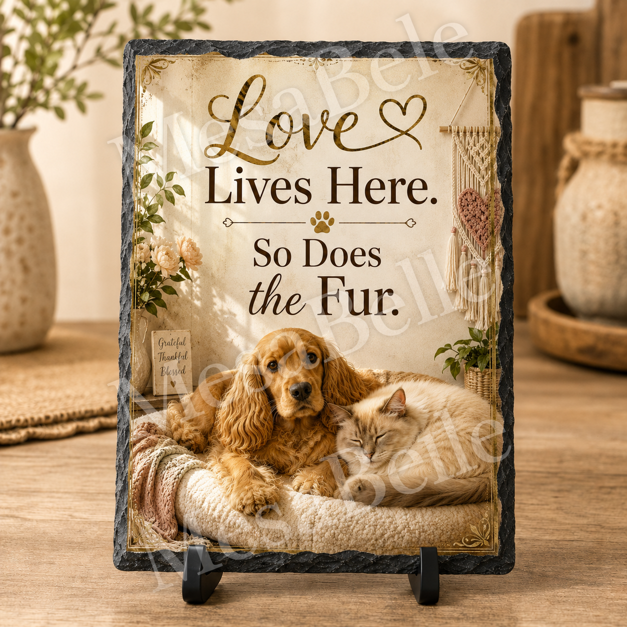 Love Lives Here. So Does the Fur. — 5.9 x 7.9 Inch Slate with Display Holder