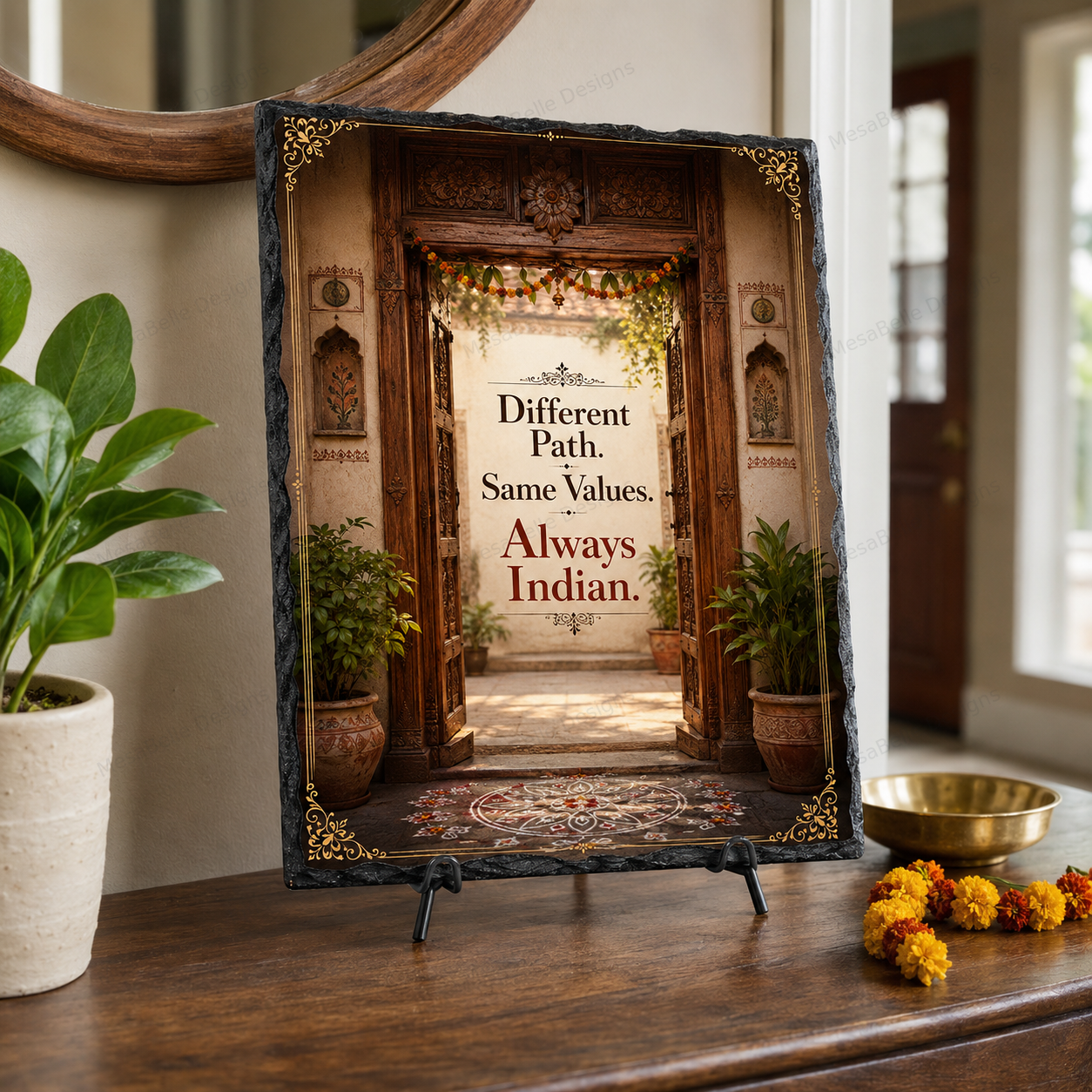 Different Path. Same Values. Always Indian. — 5.9 x 7.9 Inch Slate with Display Holder