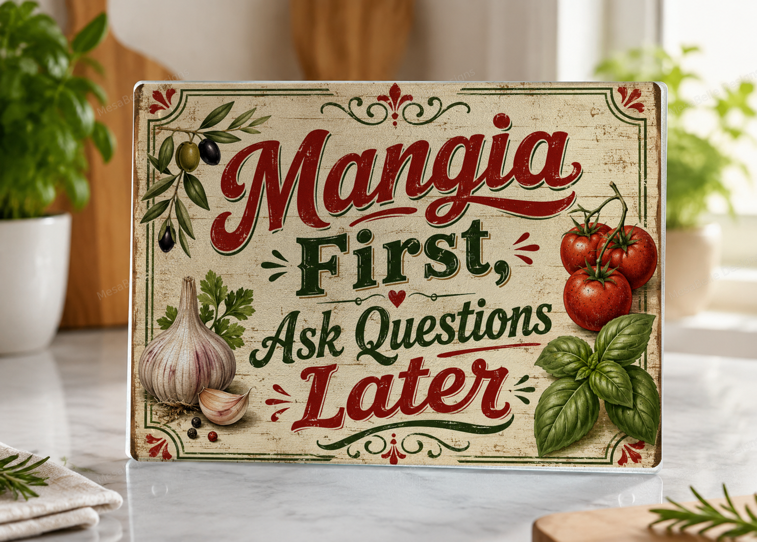 Mangia First, Ask Questions Later — 11"x7.87" Glass Cutting Board