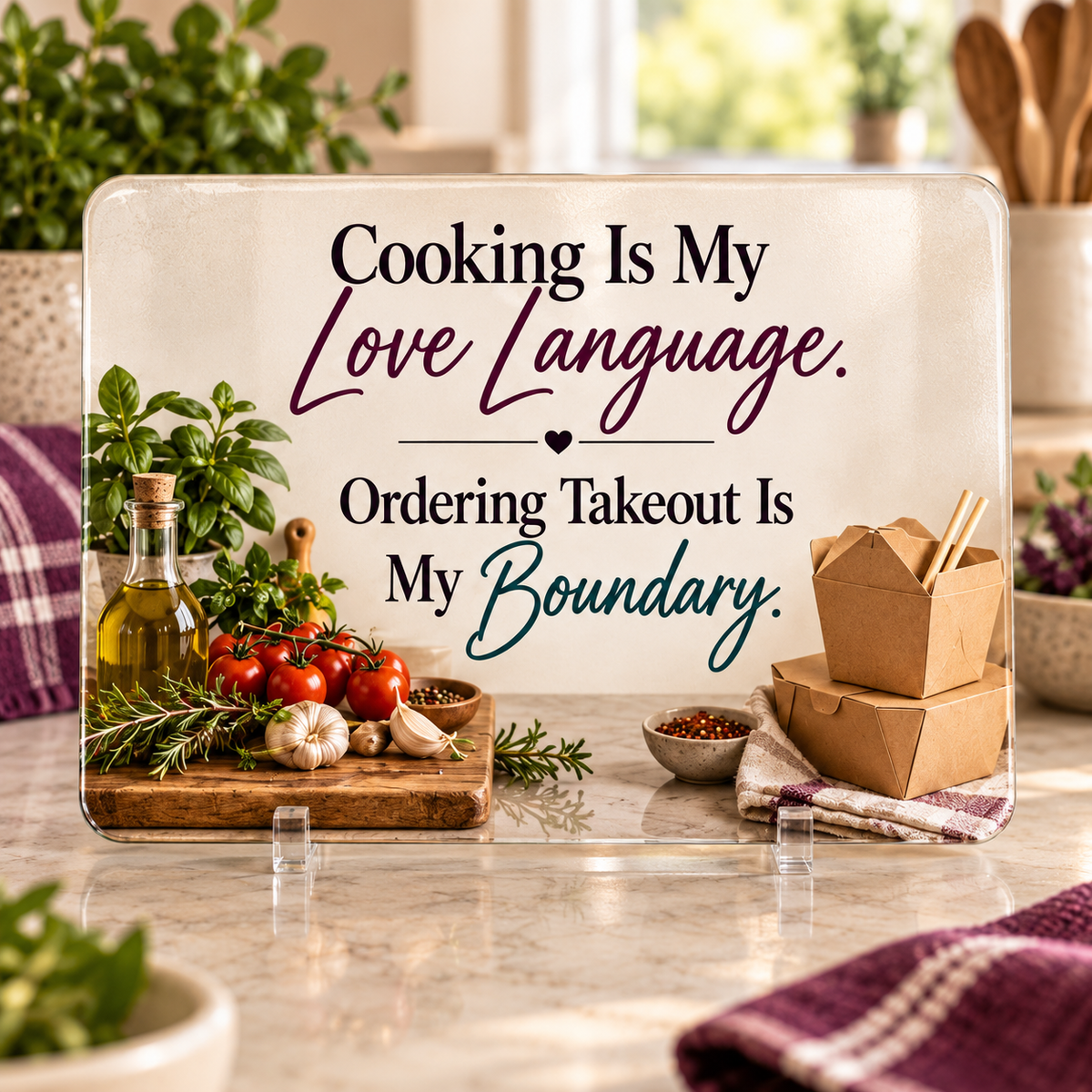 Cooking Is My Love Language. Ordering Takeout Is My Boundary. — 11" x 7.87" Glass Cutting Board