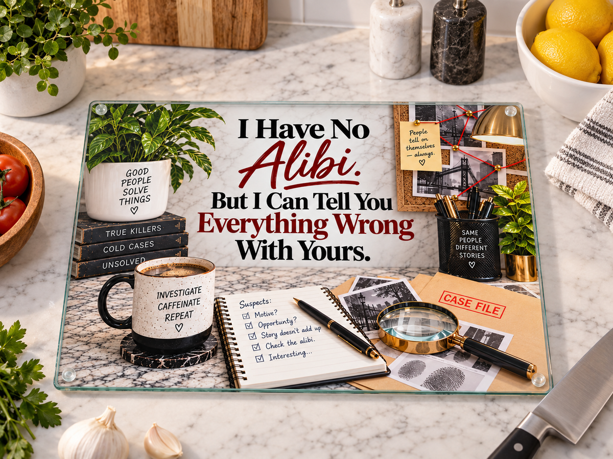 I Have No Alibi. But I Can Tell You Everything Wrong with Yours. — 11" x 7.87" Glass Cutting Board