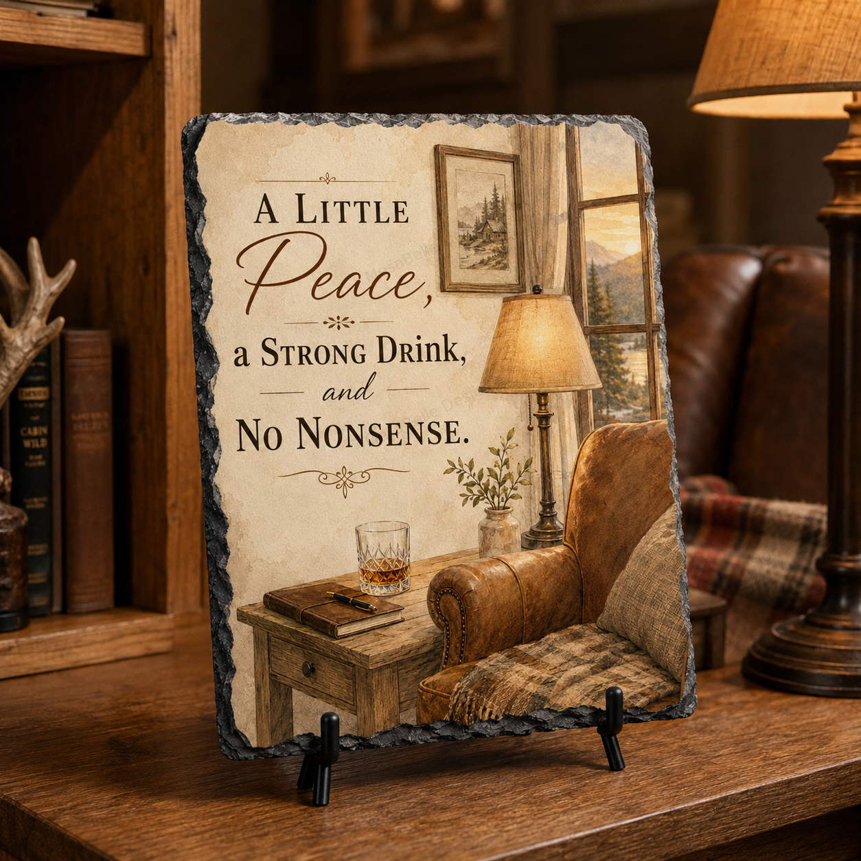 A Little Peace, a Strong Drink & No Nonsense — 5.9 x 7.9 Inch Slate with Display Holder