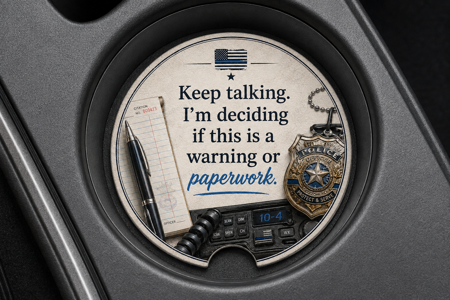 "Keep talking. I'm deciding if this is a warning or paperwork." — Car Coaster