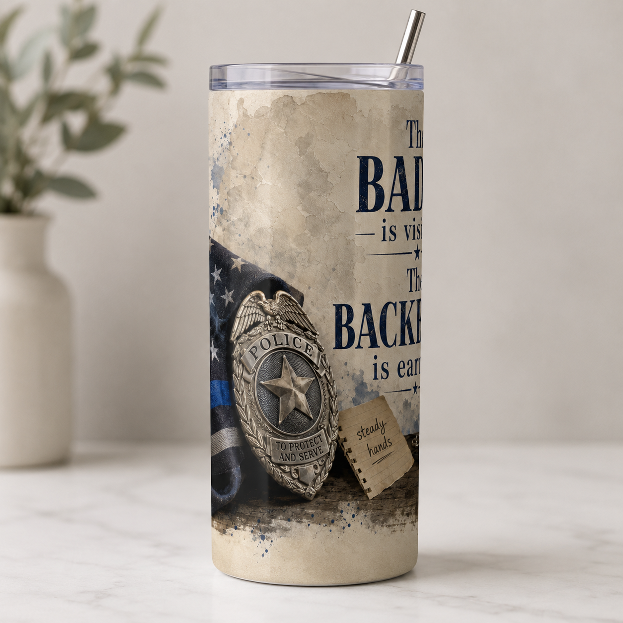 The Badge Is Visible. The Backbone Is Earned. — 20oz Skinny Tumbler