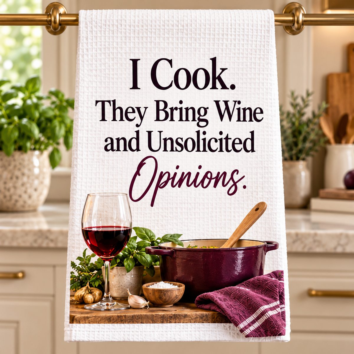 I Cook. They Bring Wine and Unsolicited Opinions. — 16x24 Waffle Weave Microfiber Kitchen Towel