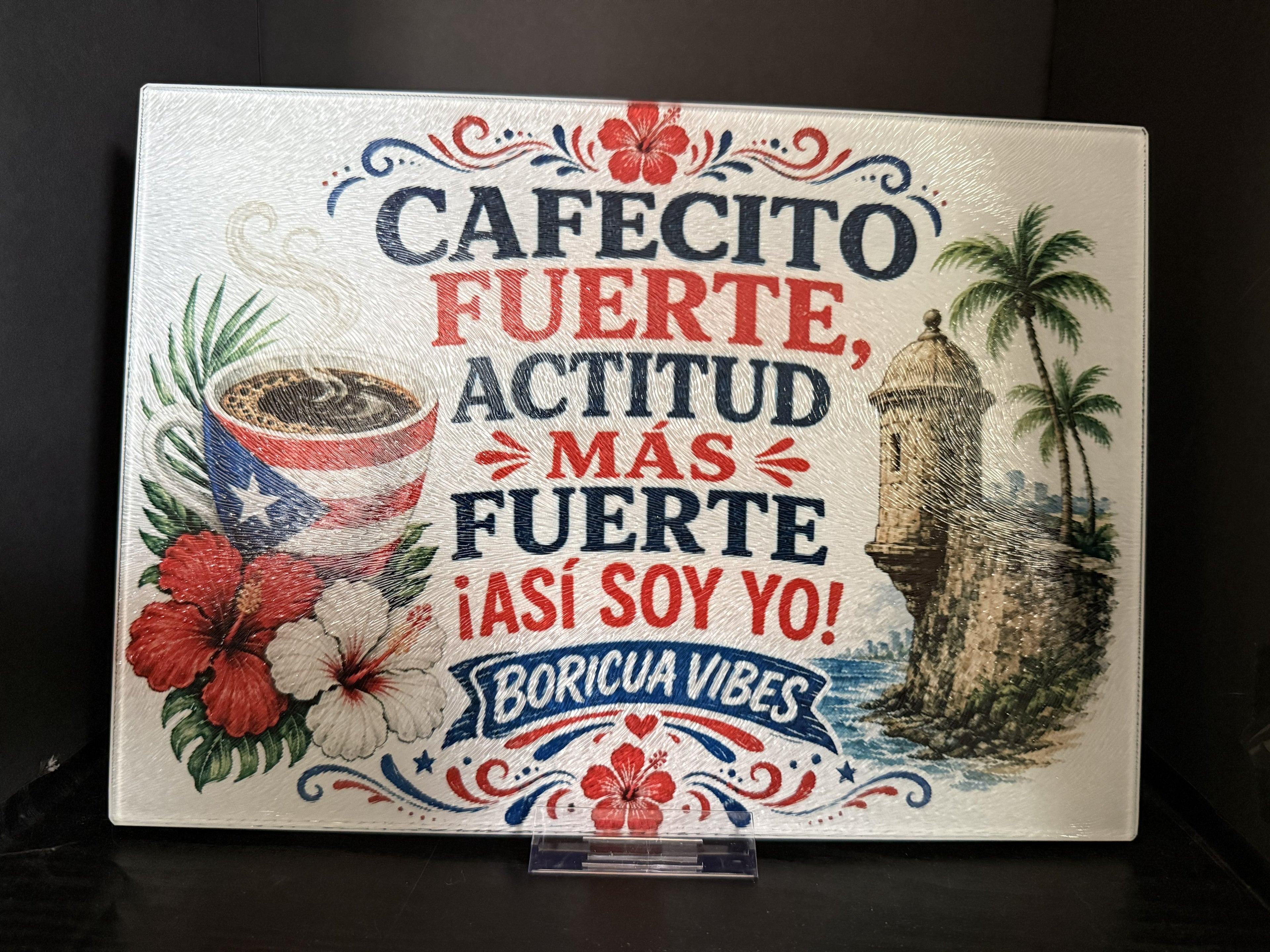 Cafecito Fuerte, Actitud Más Fuerte, Así Soy Yo - 11"x7.87" Glass Cutting Board