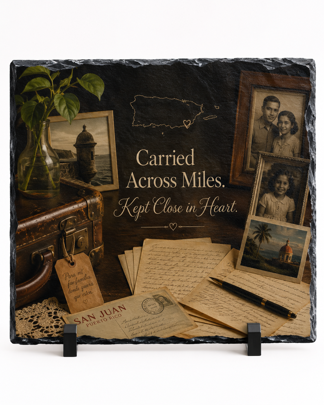 Carried Across Miles. Kept Close at Heart. — 5.9 x 7.9 Inch Slate with Display Holder