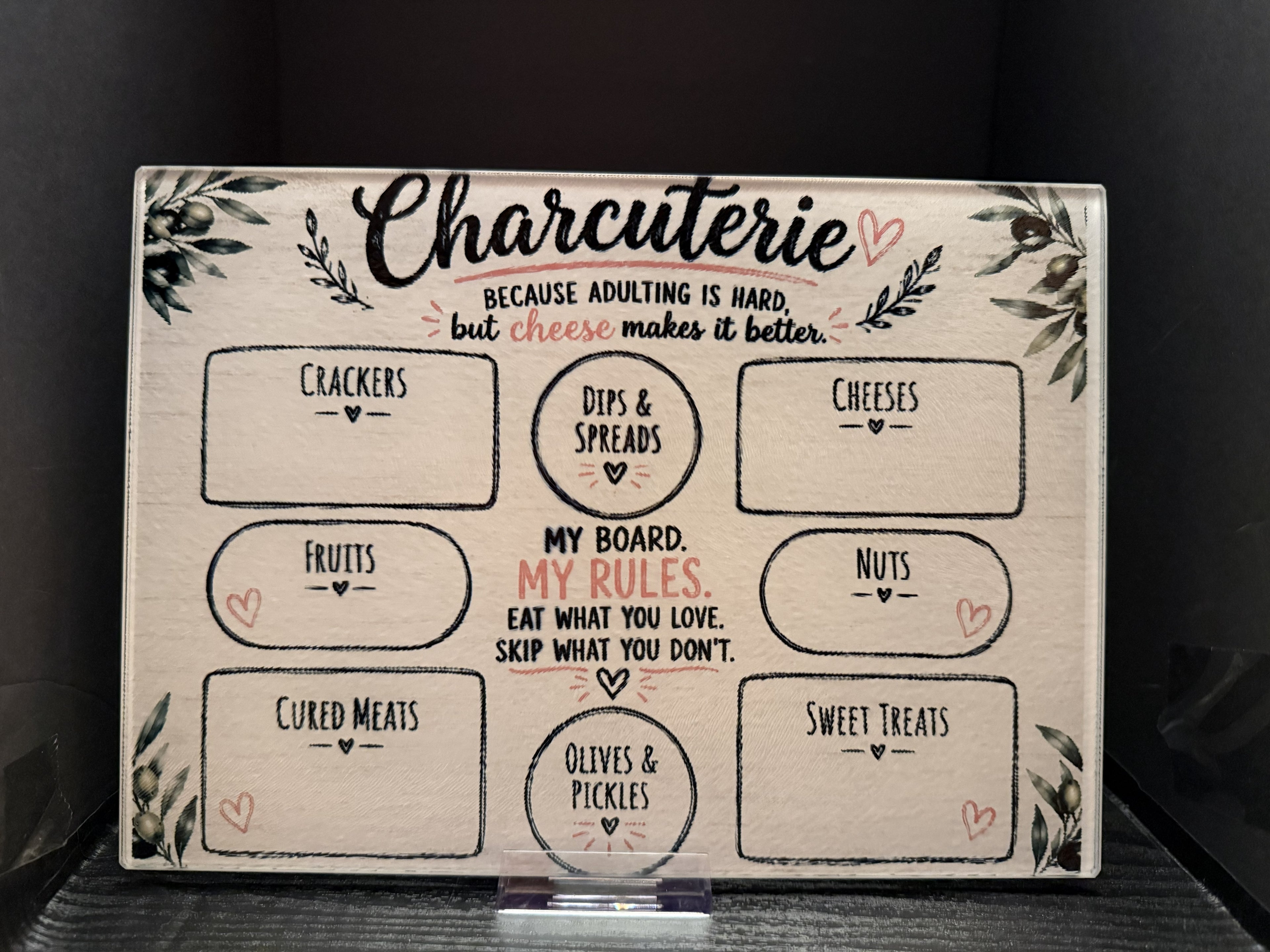 Charcuterie Because Adulting Is Hard But Cheese Makes It Better - 11"x7.87" Glass Cutting Board