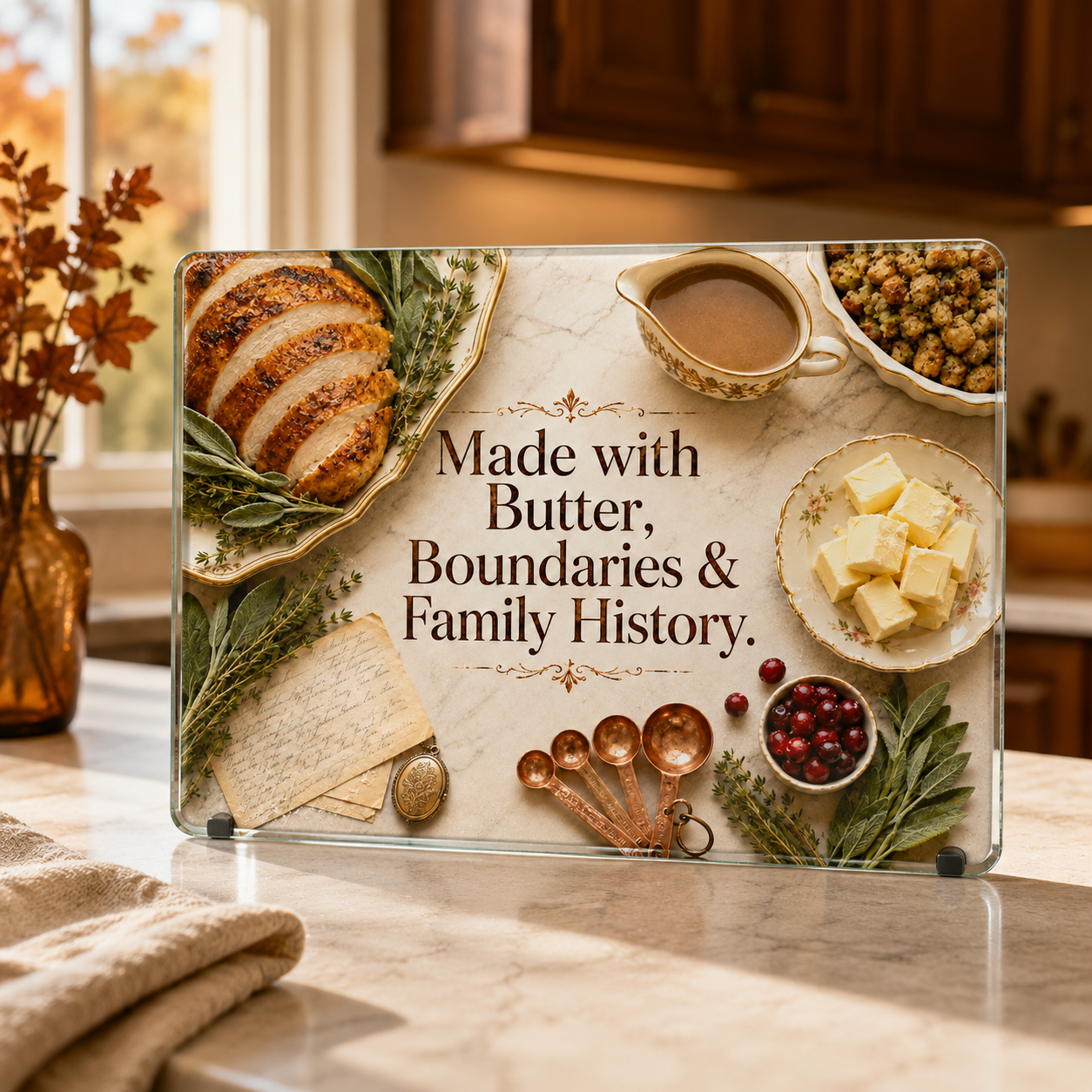 Made With Butter, Boundaries & Family History — 11"x7.87" Glass Cutting Board