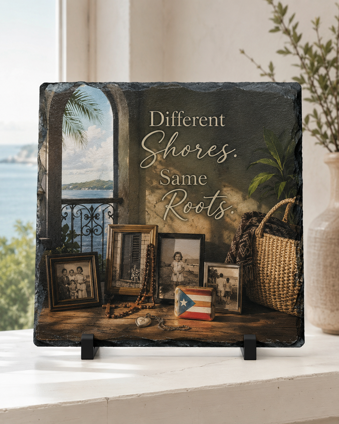 Different Shores. Same Roots. — 5.9 x 7.9 Inch Slate with Display Holder