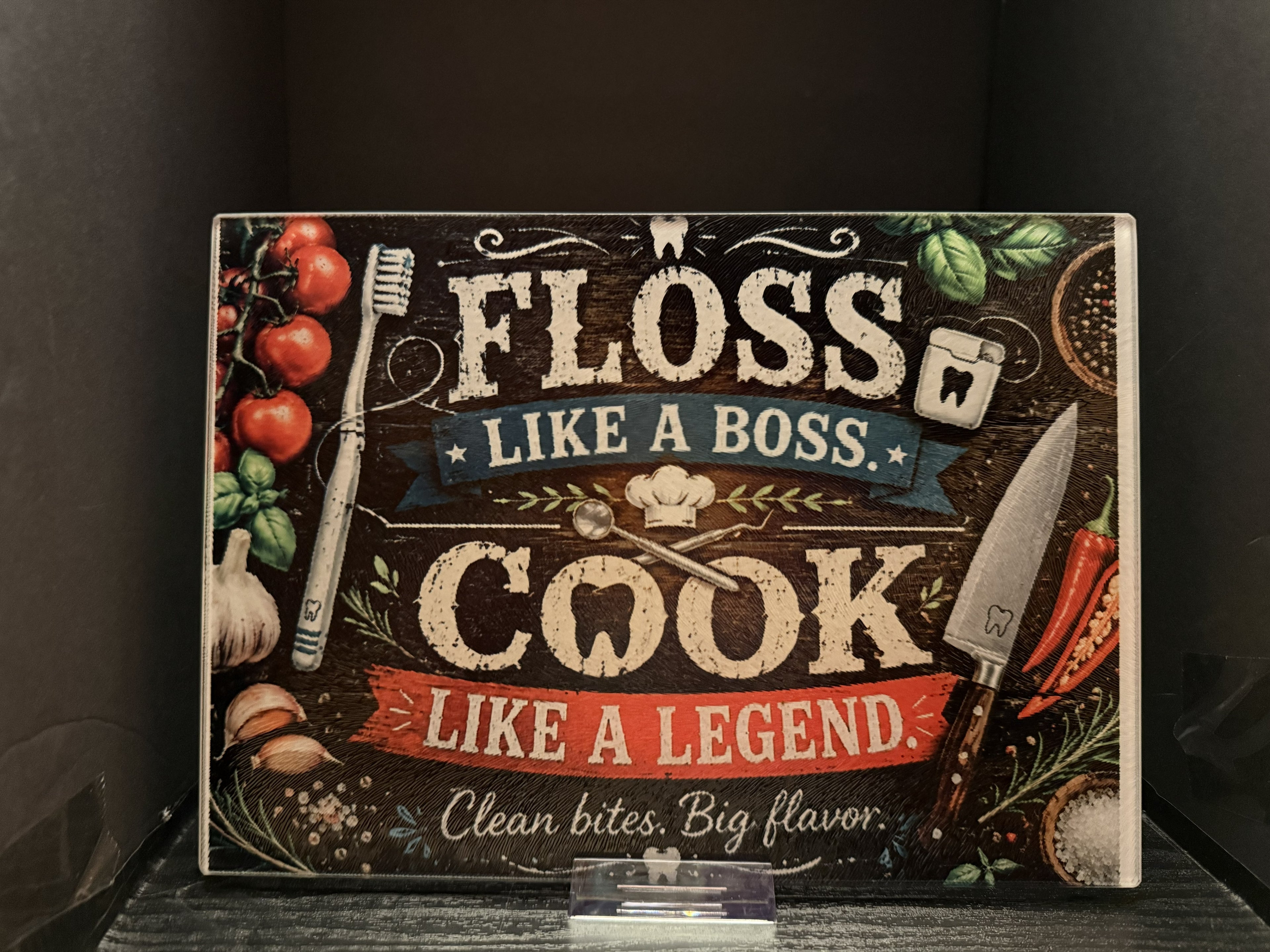 Floss Like a Boss. Cook Like a Legend. - 11"x7.87" Glass Cutting Board