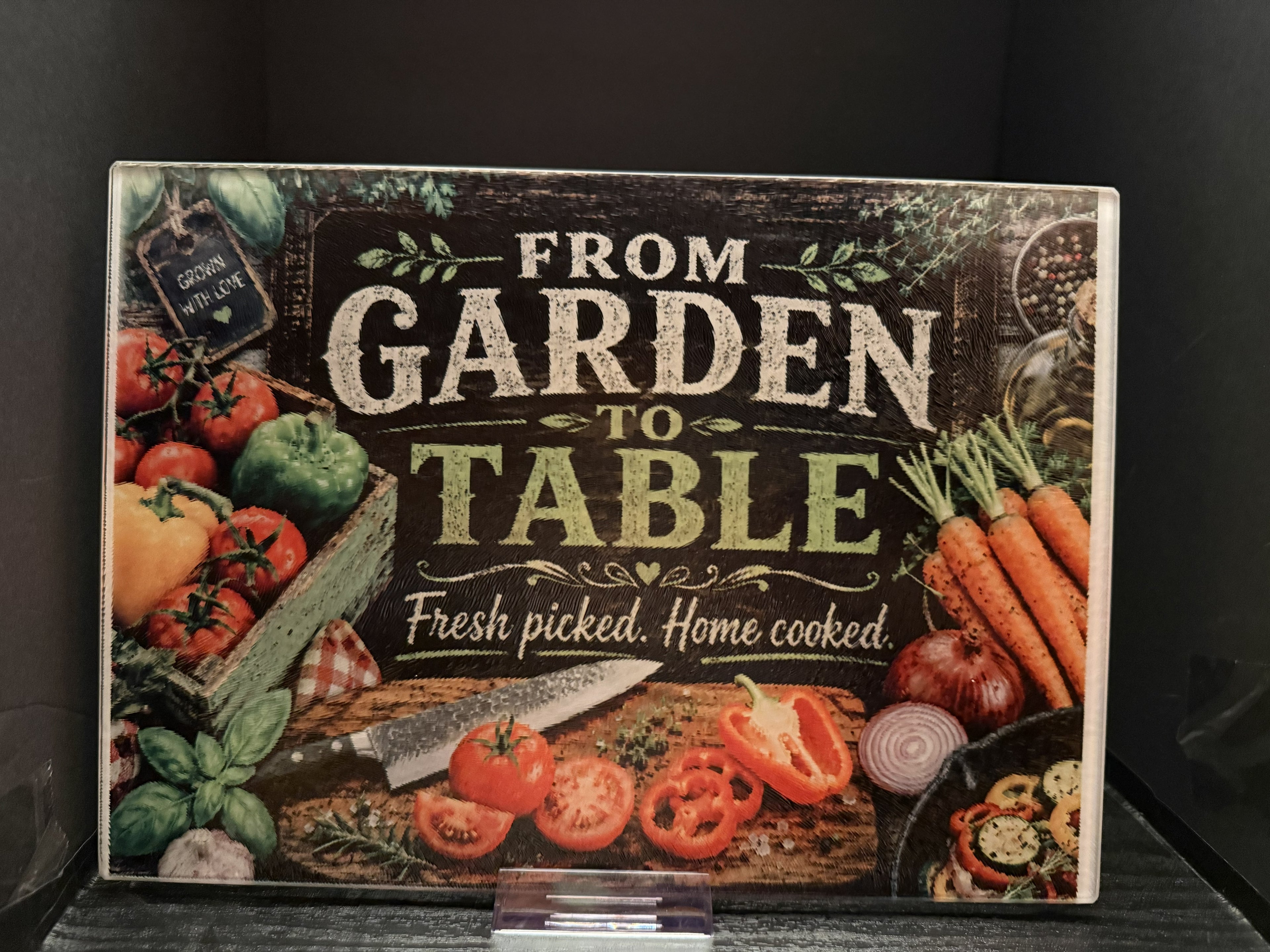 From the Garden to the Table. Picked Fresh. Home Cooked. - 11"x7.87" Glass Cutting Board