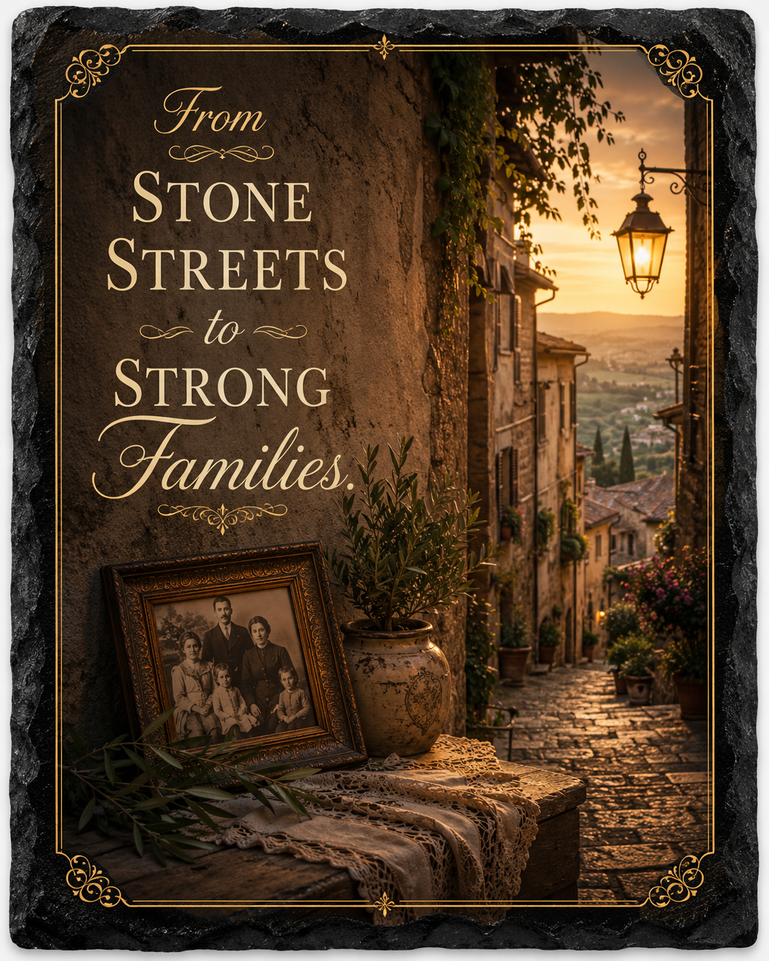 From Stone Streets to Strong Families. — 5.9 x 7.9 Inch Slate with Display Holder