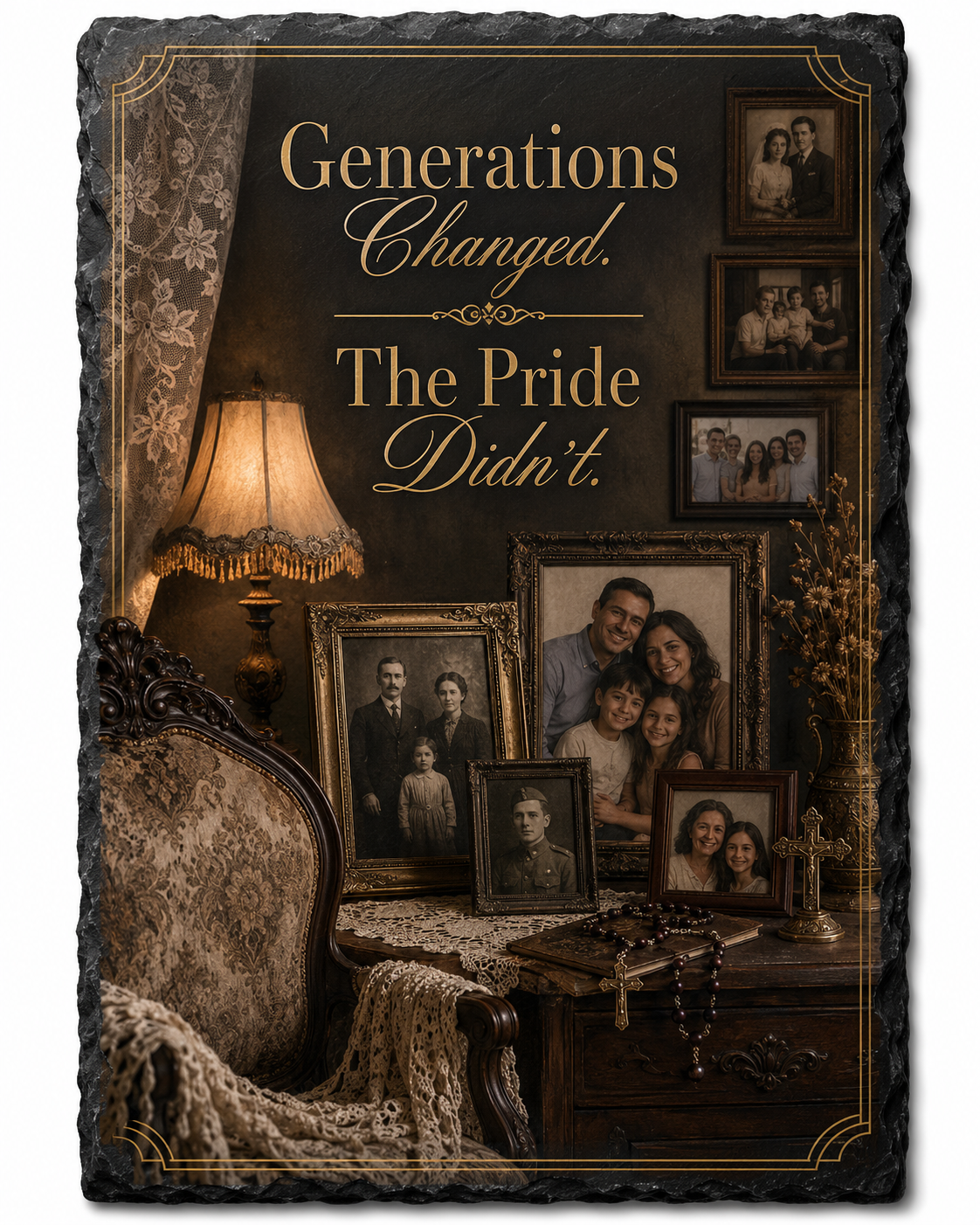 Generations Changed. The Pride Didn't. — 5.9 x 7.9 Inch Slate with Display Holder