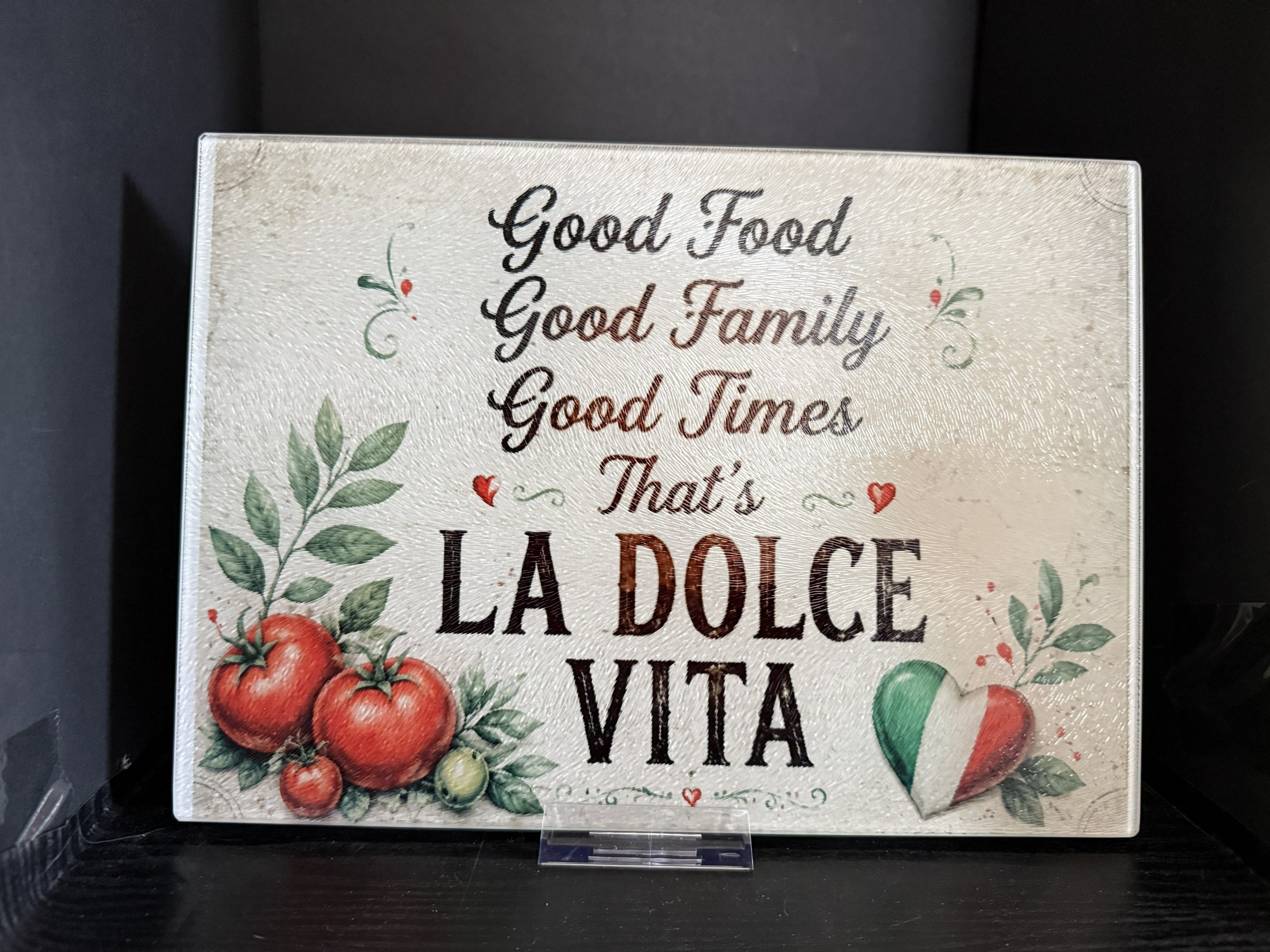 Good Food, Good Family, Good Times - That's La Dolce Vita - 11"x7.87" Glass Cutting Board