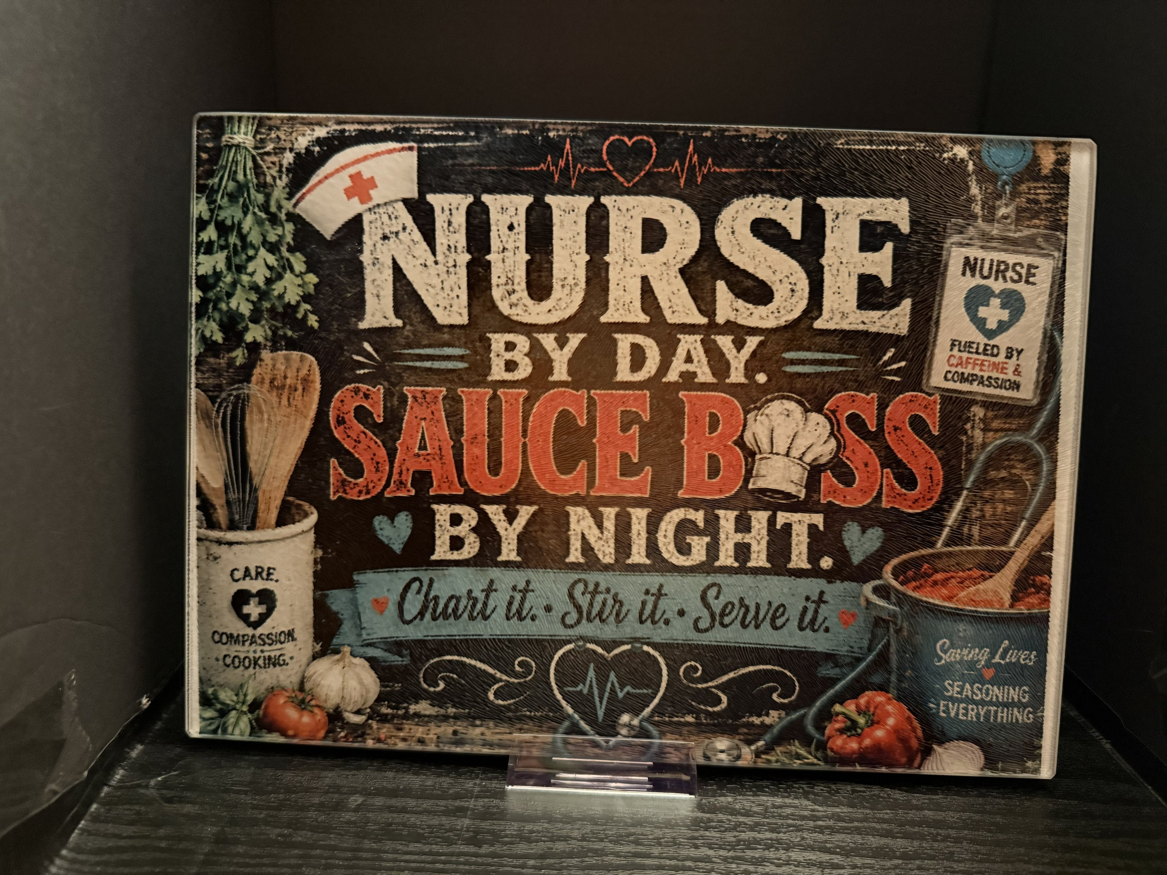 Nurse by Day, Sauce Boss by Night. Chart It. Stir It. Serve It. - 11"x7.87" Glass Cutting Board
