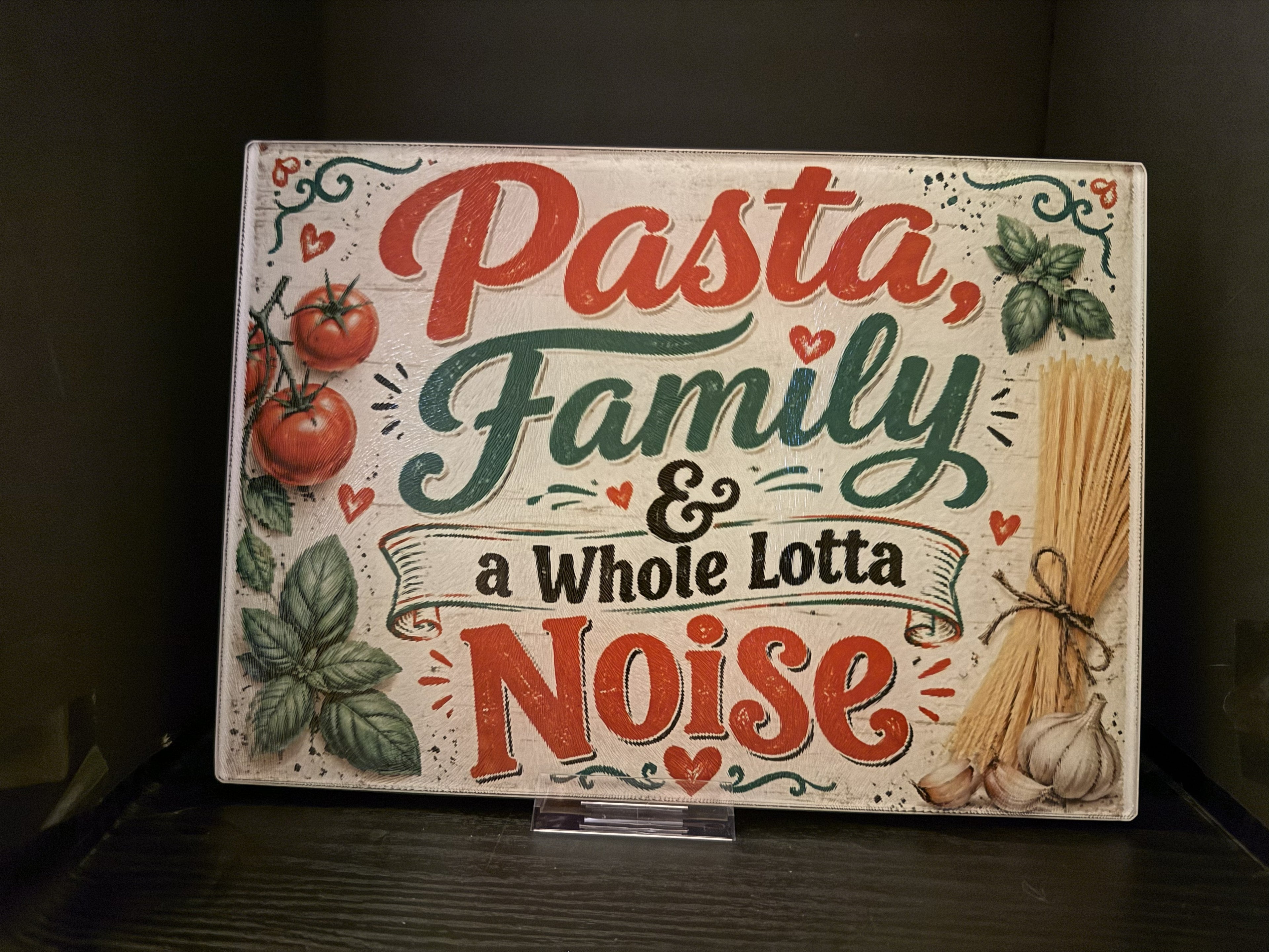 Pasta, Family & a Whole Lotta Noise - 11"x7.87" Glass Cutting Board