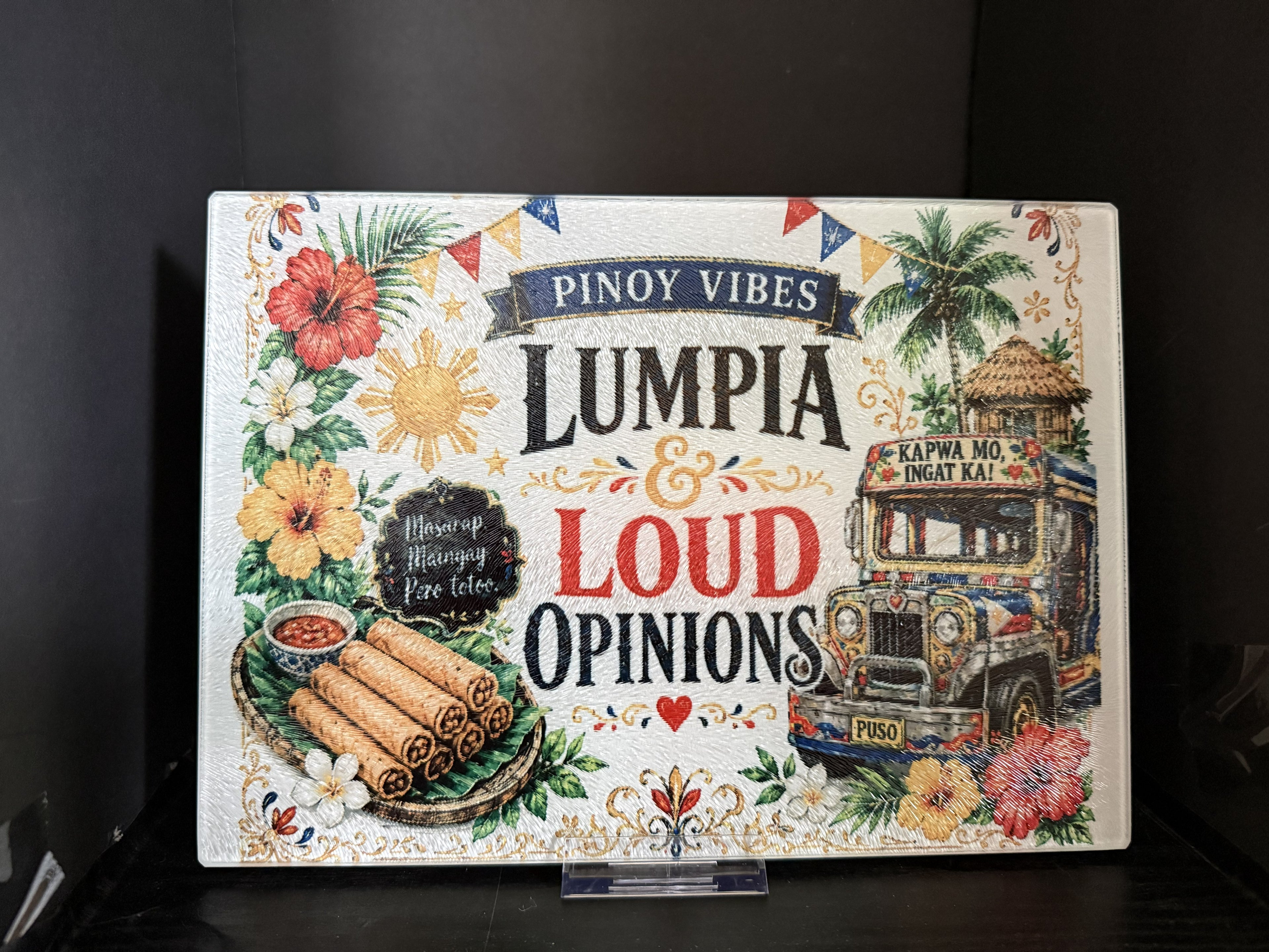 Pinoy Vibes: Lumpia & Loud Opinions - 11"x7.87" Glass Cutting Board