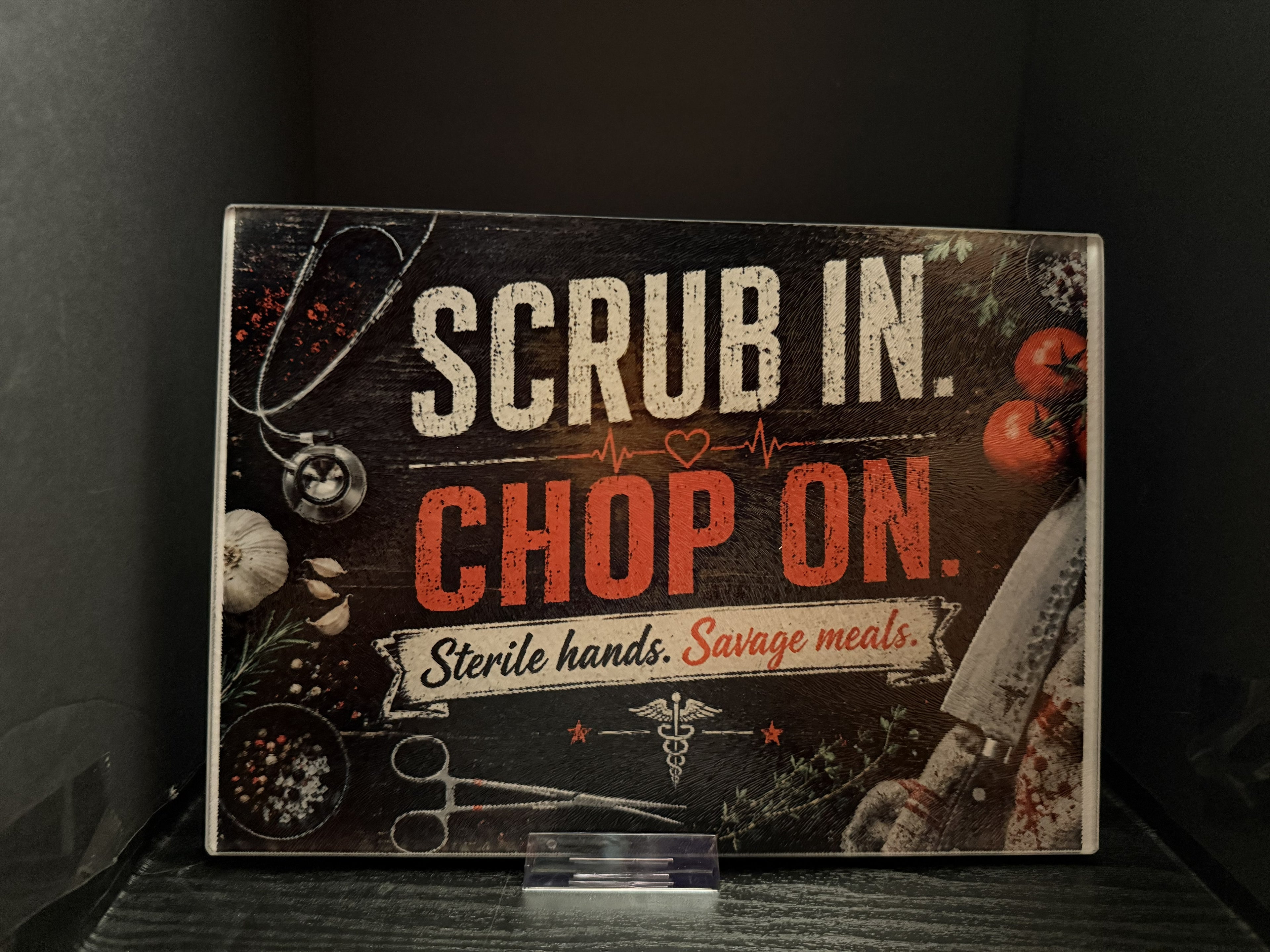 Scrub In. Chop On. Sterile Hands. Savage Meal. - 11"x7.87" Glass Cutting Board
