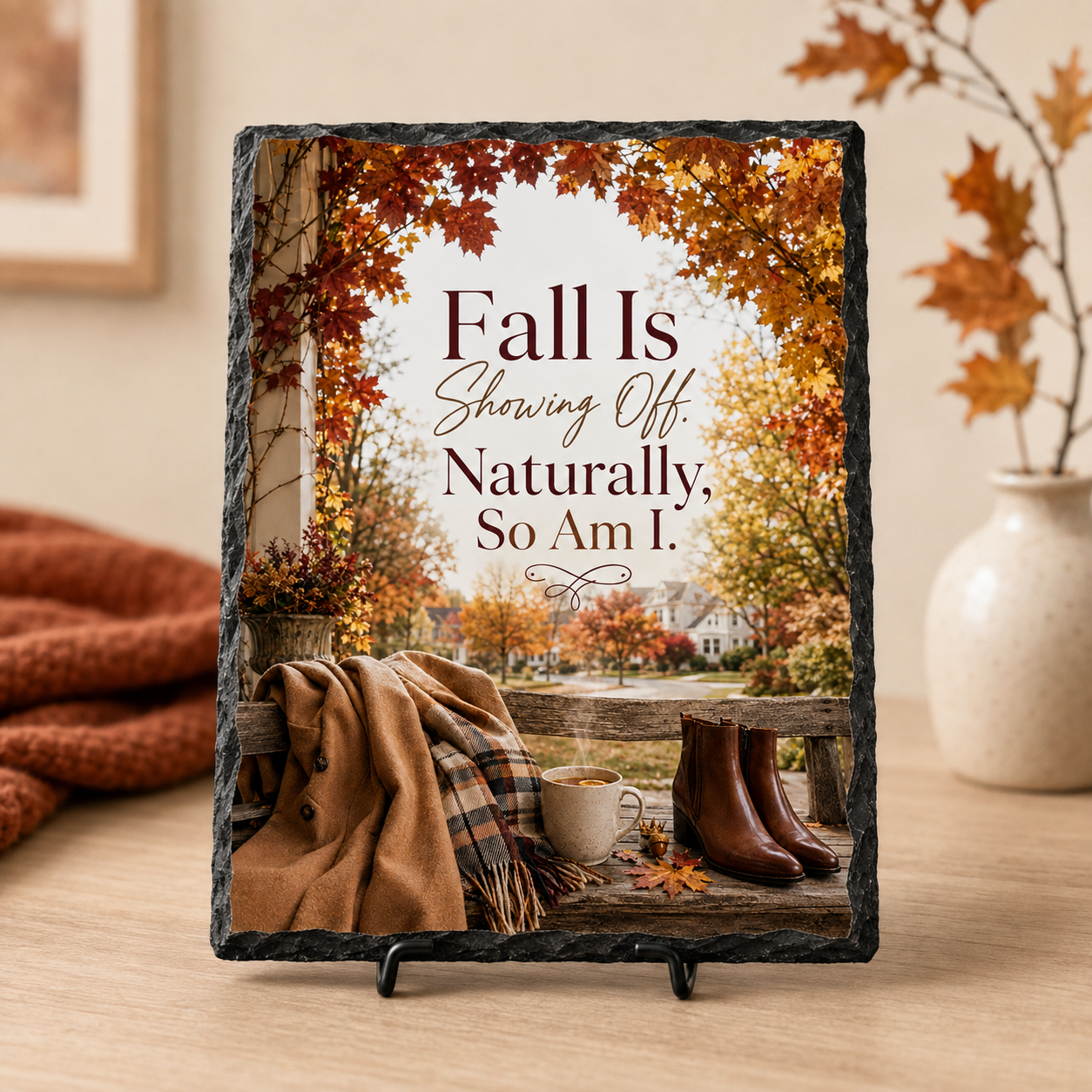 Fall Is Showing Off. Naturally, So Am I. — 5.9 x 7.9 Inch Slate with Display Holder