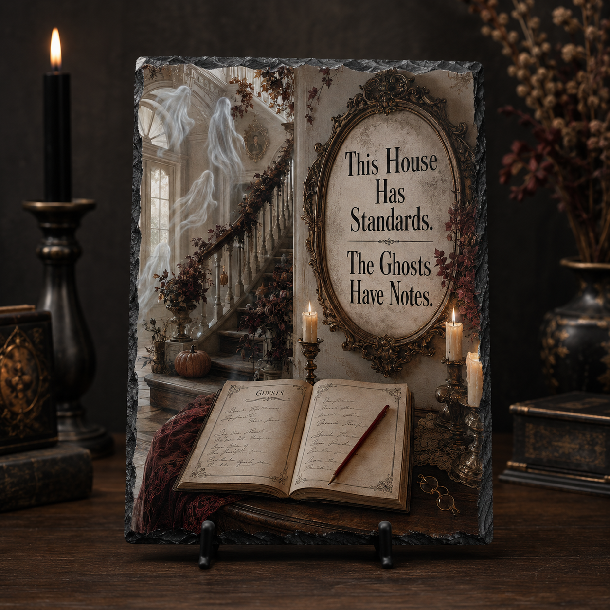 The House Has Standards. The Ghosts Have Notes. — 5.9 x 7.9 Inch Slate with Display Holder