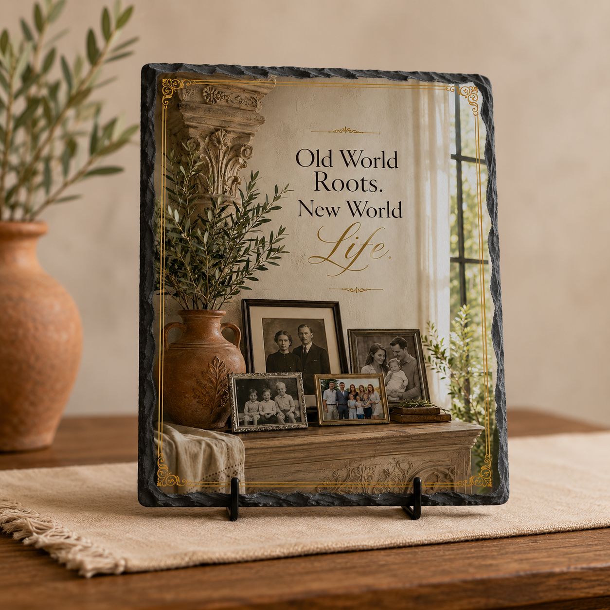 Old World Roots. New World Life. — 5.9 x 7.9 Inch Slate with Display Holder
