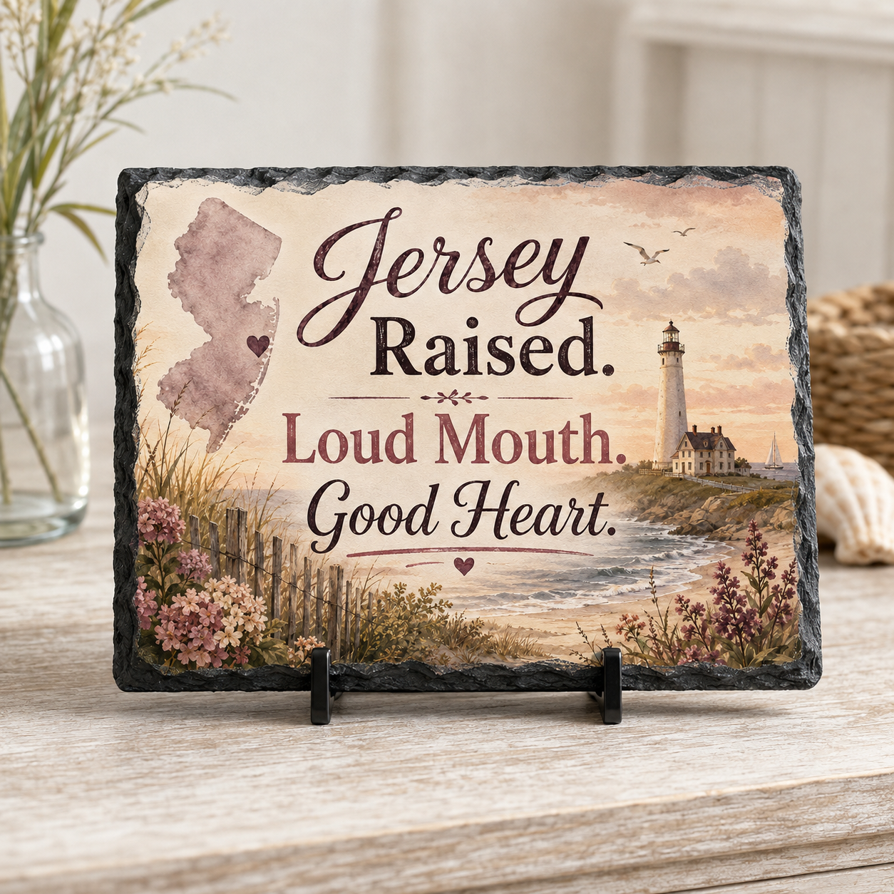 Jersey Raised. Loud Mouth. Good Heart. — 5.9 x 7.9 Inch Slate with Display Holder