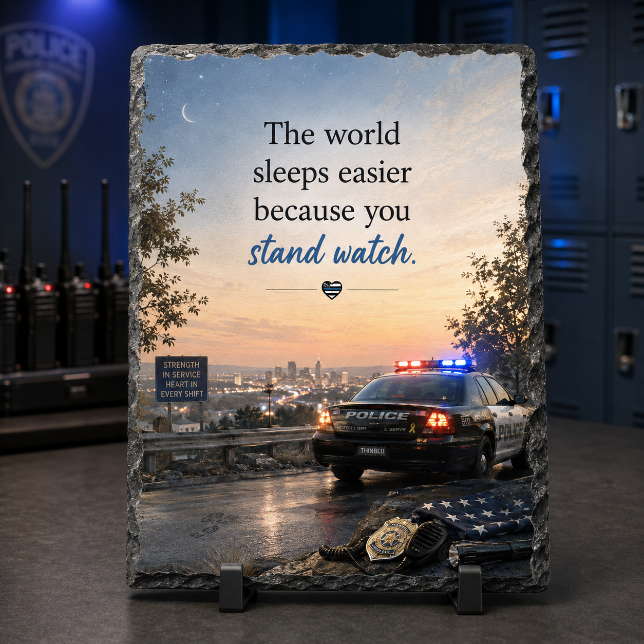 The World Sleeps Easier Because You Stand Watch — 5.9 x 7.9 Inch Slate with Display Holder
