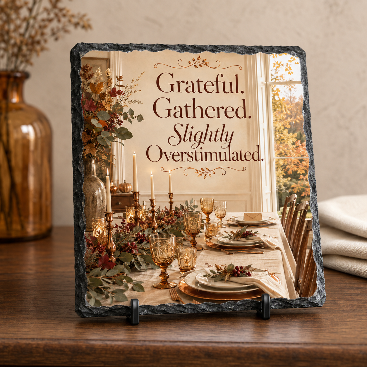 Grateful. Gathered. Slightly Overstimulated. — 5.9 x 7.9 Inch Slate with Display Holder