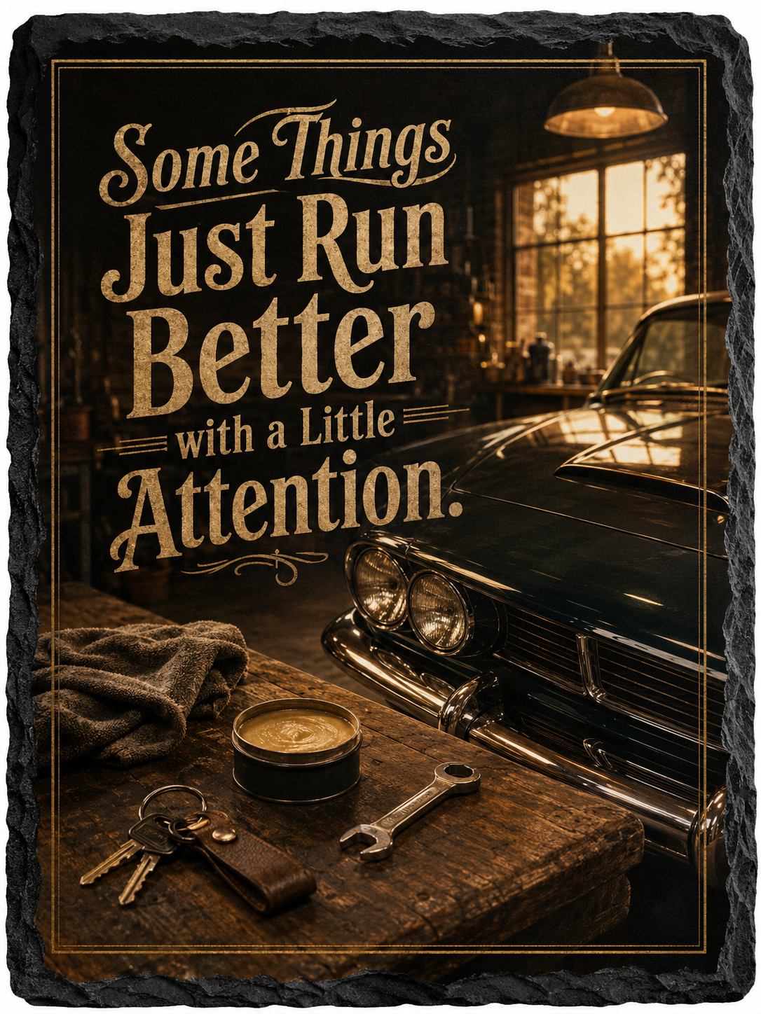 Some Things Just Run Better with a Little Attention. — 5.9 x 7.9 Inch Slate with Display Holder