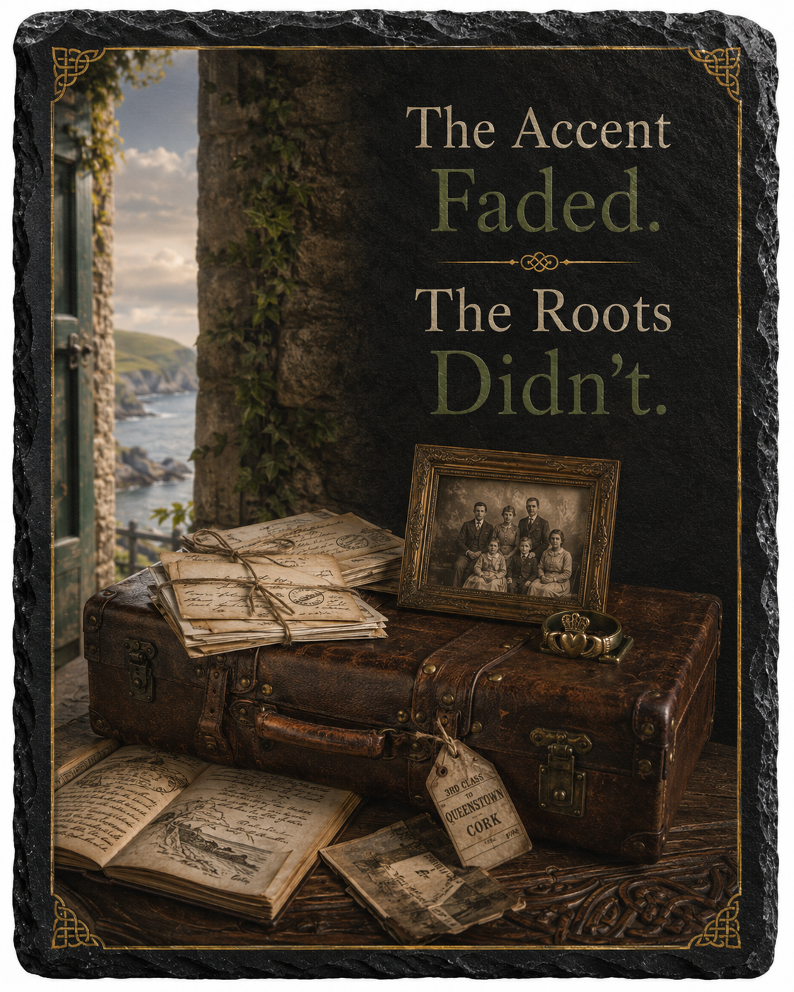 The Accent Faded. The Roots Didn't. — 5.9 x 7.9 Inch Slate with Display Holder