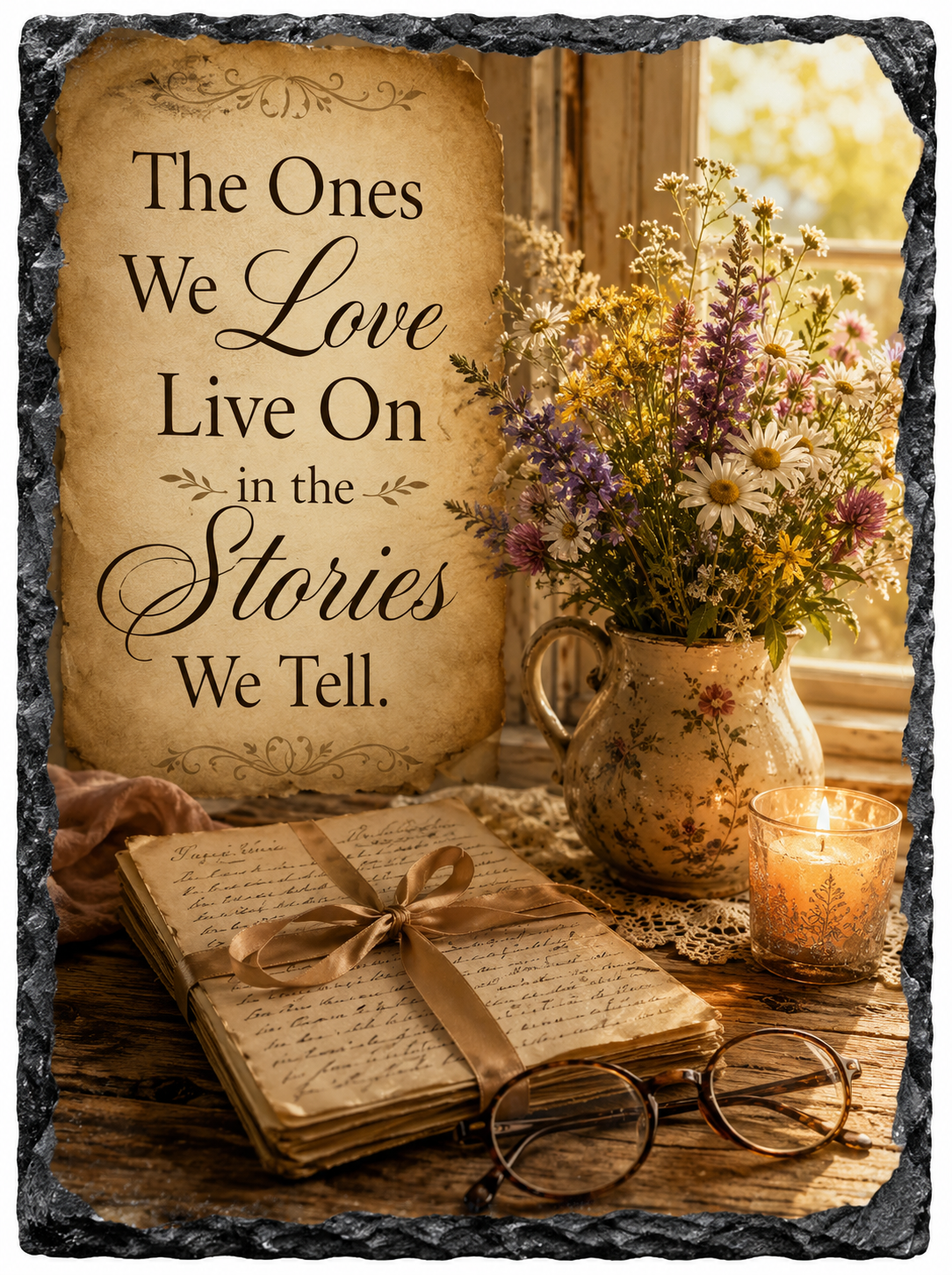 The Ones We Love Live On in the Stories We Tell. — 5.9 x 7.9 Inch Slate with Display Holder