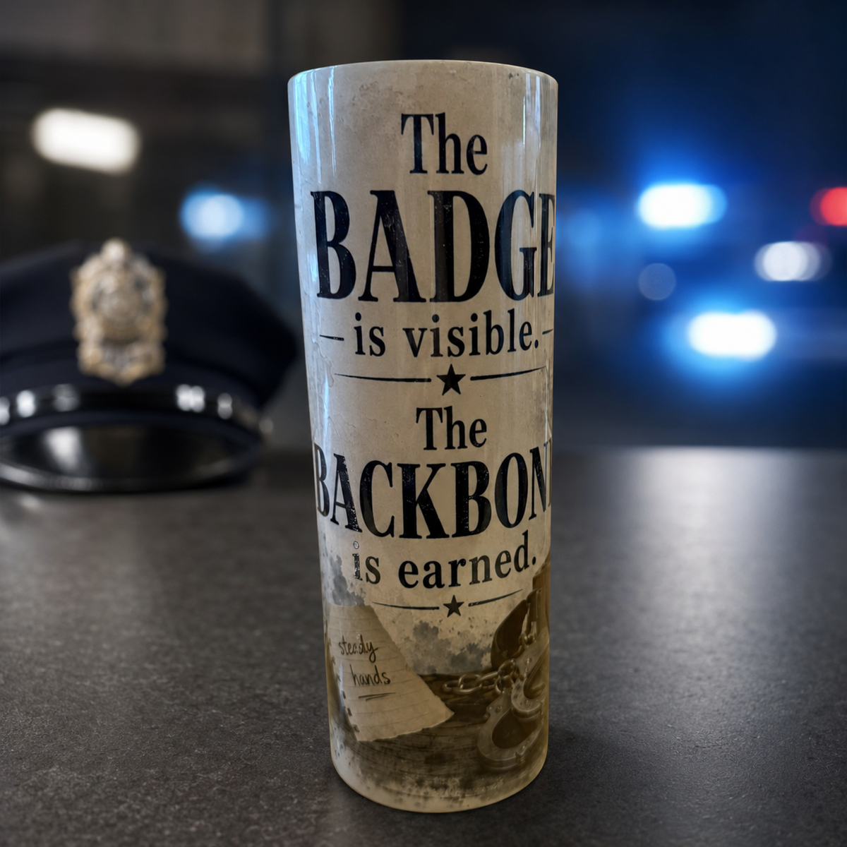 The Badge Is Visible. The Backbone Is Earned. — 20oz Skinny Tumbler