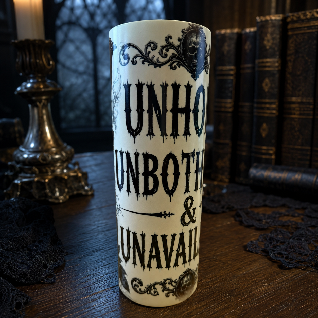 Unholy, Unbothered & Unavailable — 20oz Glow in the Dark Skinny Tumbler