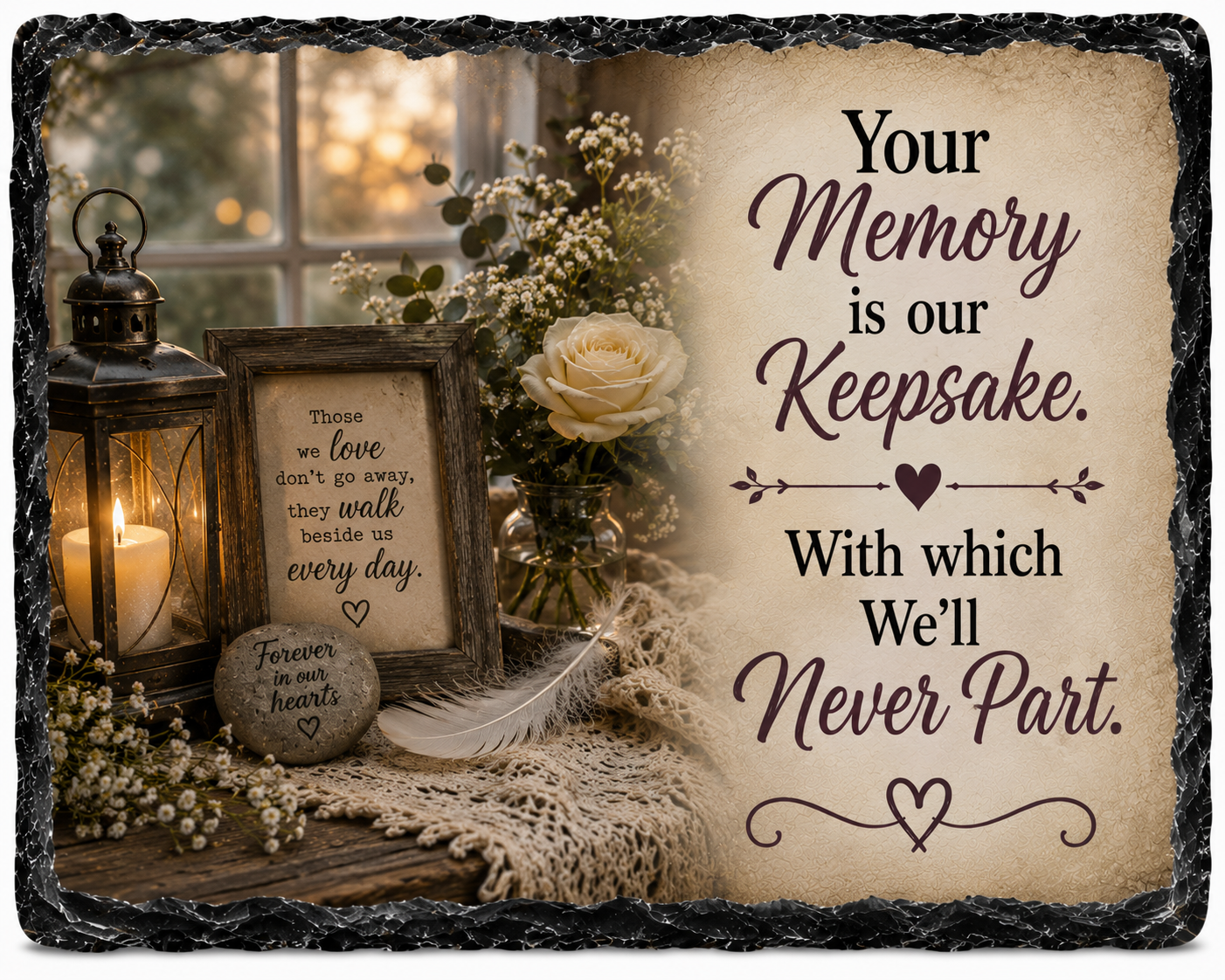 Your Memory is Our Keepsake with Which We'll Never Part. — 5.9 x 7.9 Inch Slate with Display Holder